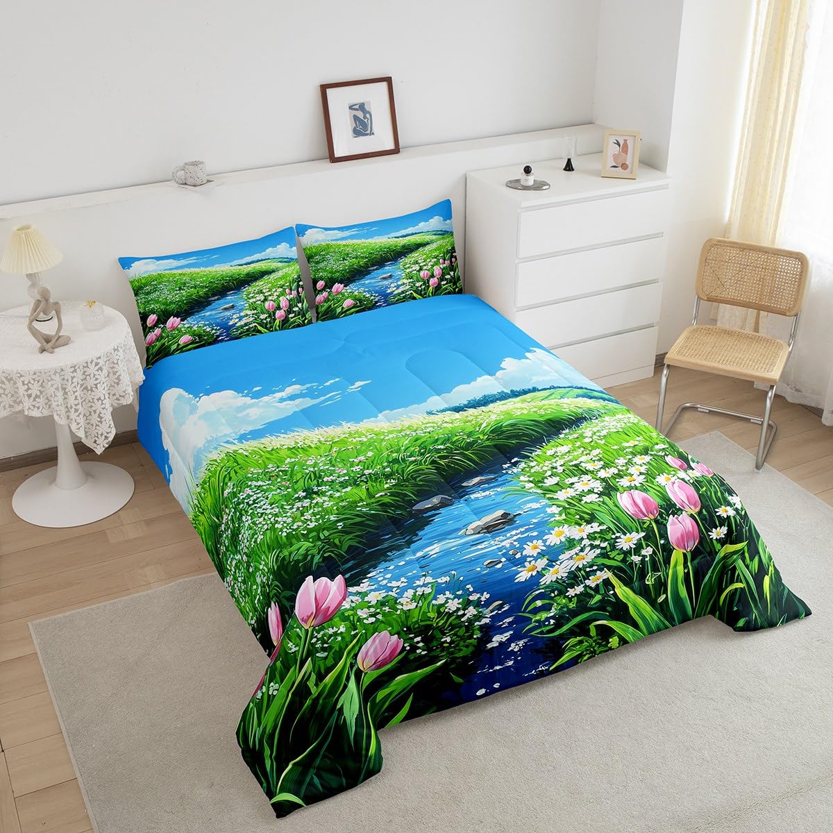 jejeloiu Cute Anime Floral Bedding Set 2Pcs Twin Size Kids Tulip Floral Comforter Set for Boys Girls Flower River Duvet Quilt Soft Lightweight,Microfiber