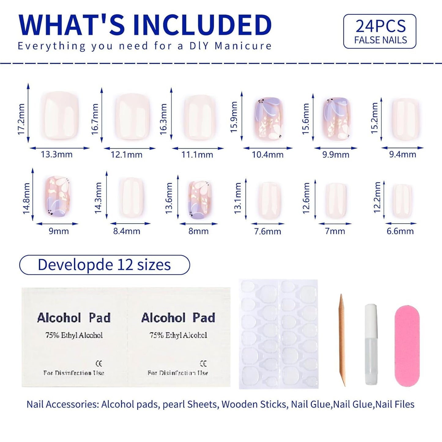 Mivota Short Square Press On Nails, Beige Fake Nails with Blossom Floral and Gold Foil Design, Glossy Reusable Acrylic Nails Kit for Women, Natural Look, 24Pcs Glue-On Set