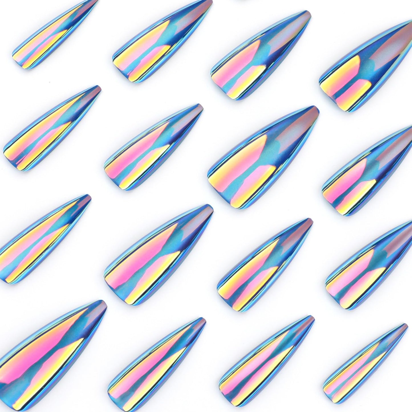 SINHOT Stiletto Press on Nails Long - Long Fake Nails, Glossy Finish, Blue Cat Eye & Chrome, DIY Artificial False Nail Art - 24 Pcs Nail Kit with Glue