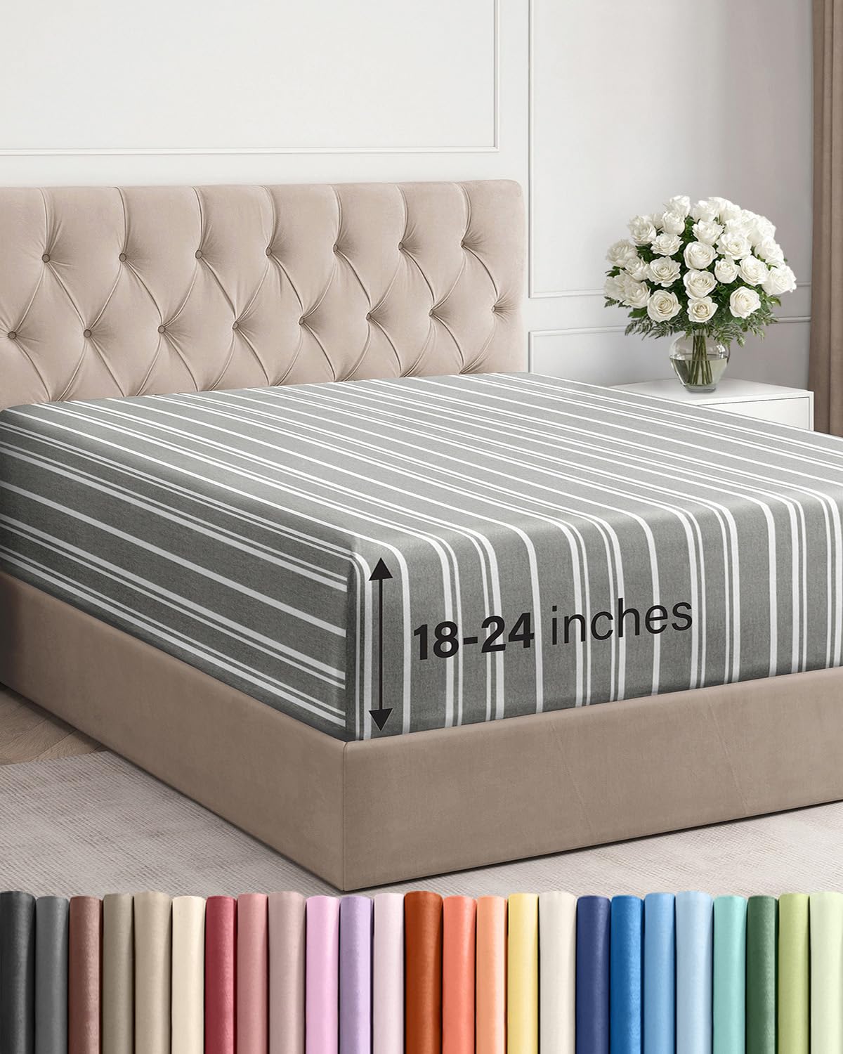 Extra Deep Queen Fitted Sheet - Hotel Luxury Single Fitted Sheet Only - Easily Fits 18 inch to 24 inch Mattress - Ultra Soft, Wrinkle Free with Extra Deep Pockets - Breathable & Comfy - Grey Stripes