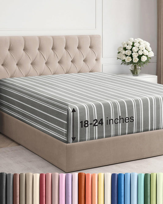 Extra Deep Queen Fitted Sheet - Hotel Luxury Single Fitted Sheet Only - Easily Fits 18 inch to 24 inch Mattress - Ultra Soft, Wrinkle Free with Extra Deep Pockets - Breathable & Comfy - Grey Stripes