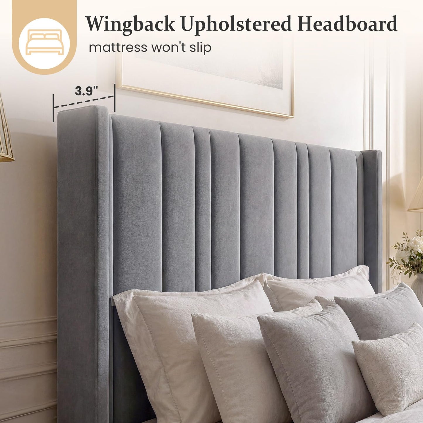 HOMBCK Full Size Bed Frame, Velvet Upholstered Platform Bed Frame Full with Vertical Channel Tufted Headboard & Footboard, Wooden Slats/Noise Free/No Box Spring Needed/Easy Assembly, Grey