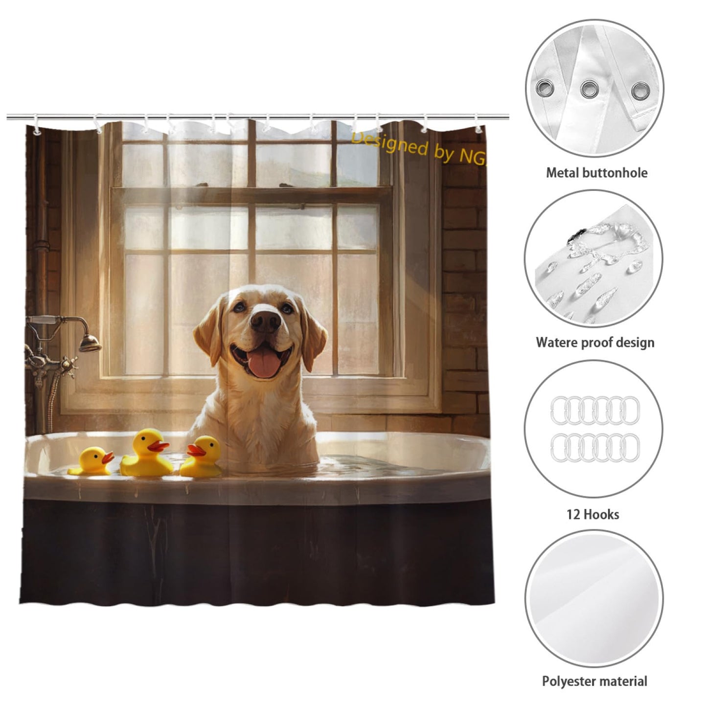 NGZ Funny Labrador Retriever Taking Shower with Rubber Ducks Shower Curtain Durable Waterproof Fabric Bathtub Sets Home Fabric Bathroom Shower Curtain Set with Hooks 72x72 Inch