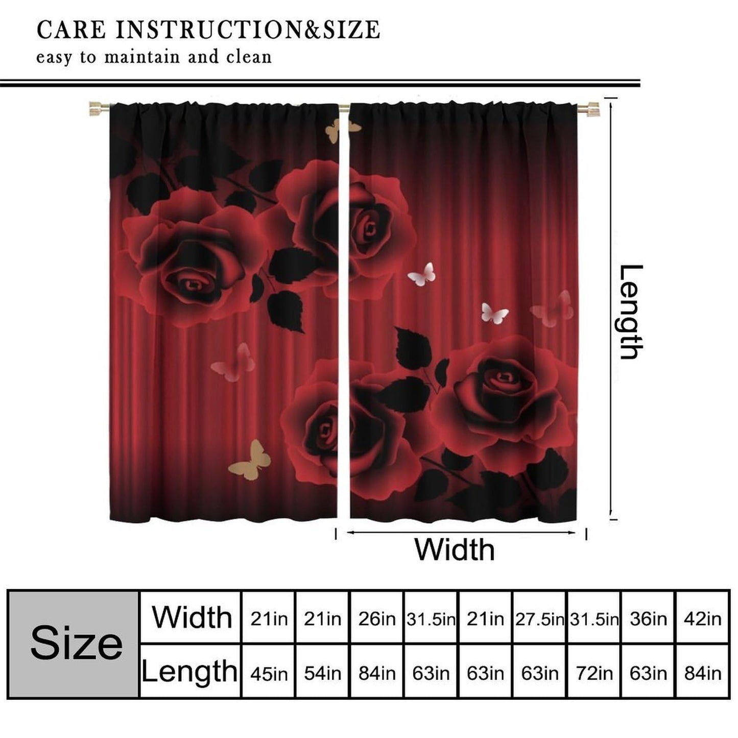 Nsbul Red Rose Curtains, Romantic Love Flower Floral Butterfly Luxury Design Window Drapes for Bedroom Living Room Valentine Day, 42" W X 45" L (No Blackout)