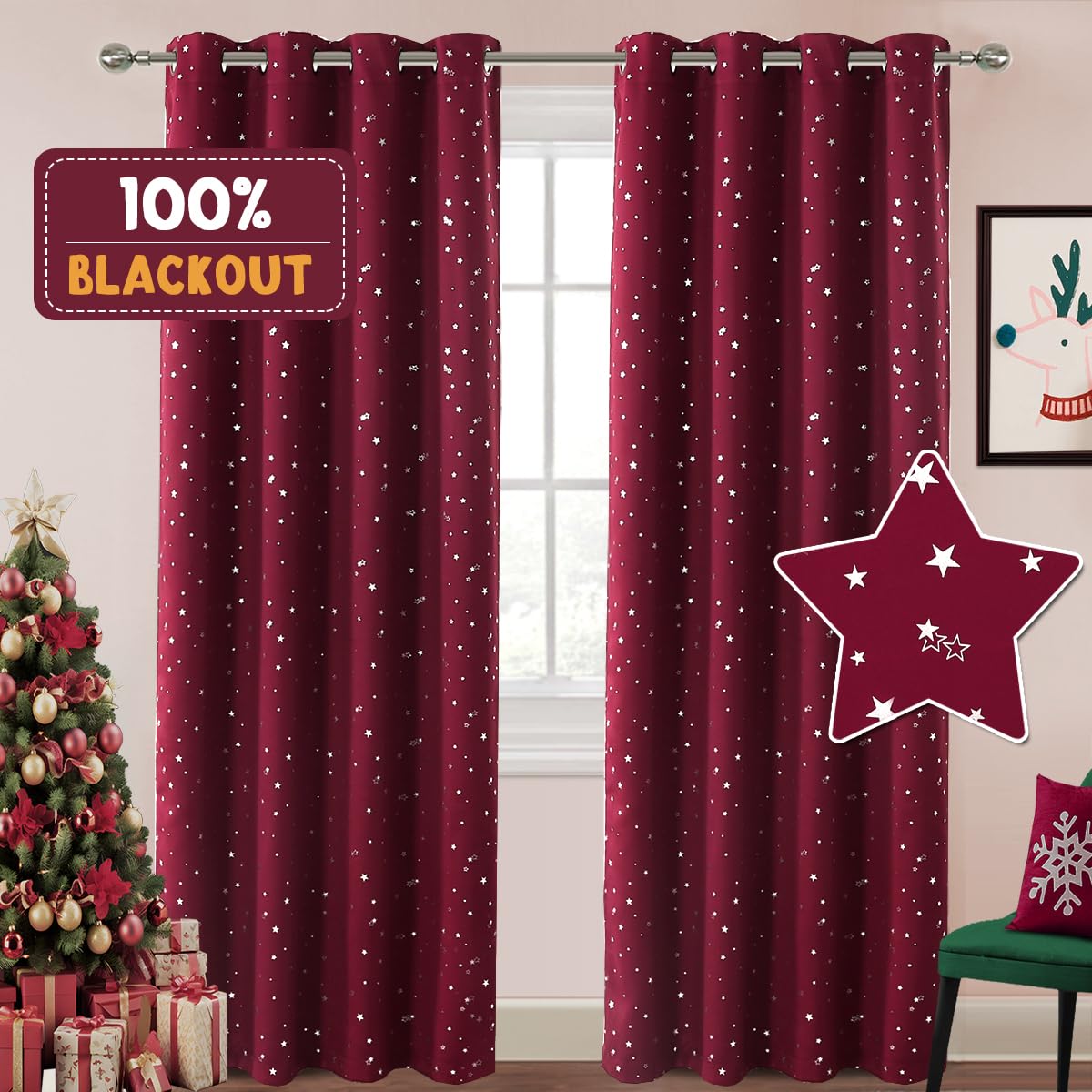 PrinceDeco Blackout Kids Curtains for Bedroom Thermal Insulated Silver Twinkle Star Curtains for Girls Antique Grommet Top Window Treatment 2 Panels Drapes for Nursery (52" W x 84" L, Burgundy/Silver)