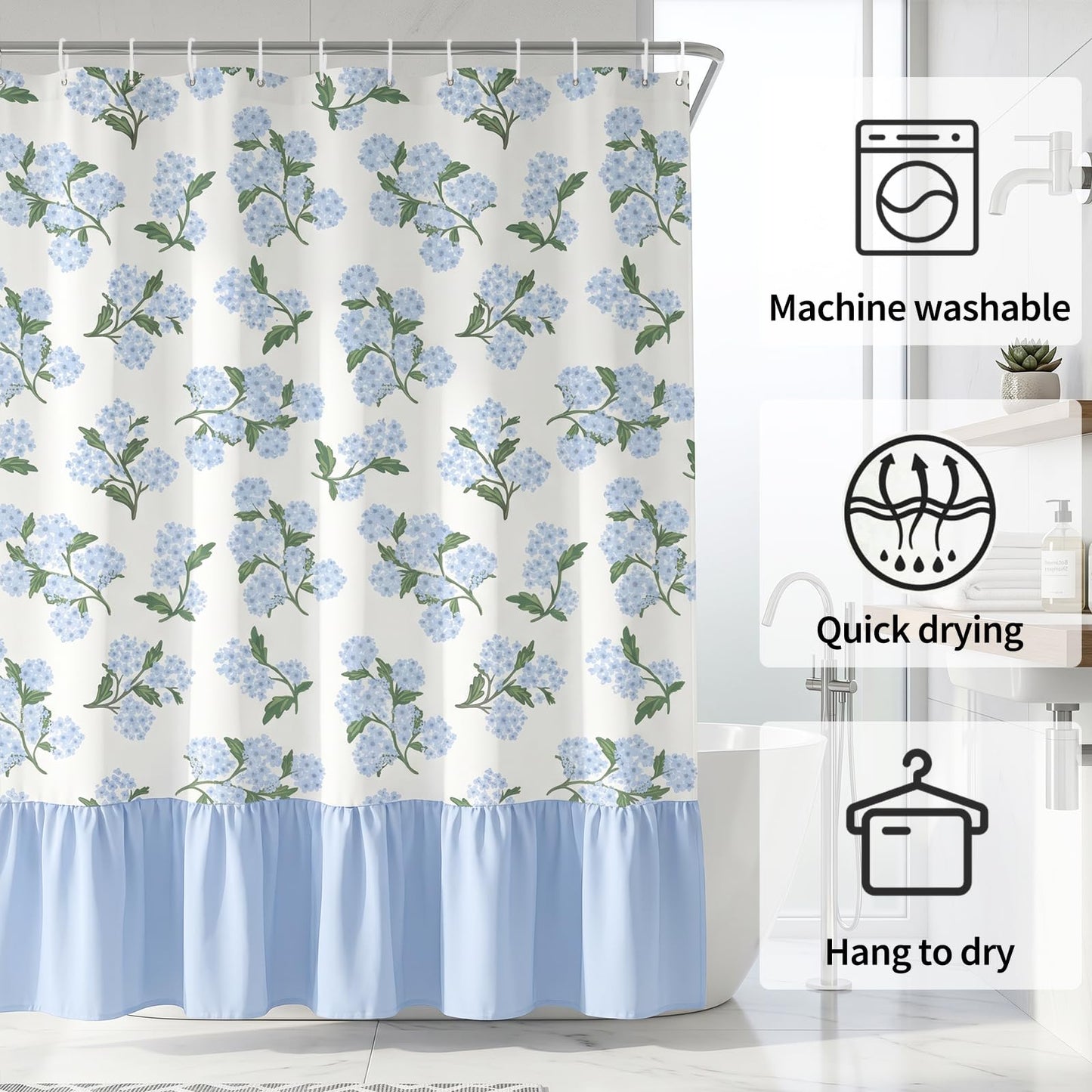 FYSUIMU Linen Textured Ruffle Shower Curtain with 12 Hooks Blue Hydrangea Floral Block Print Waterproof Bath Curtain for Summer Farmhouse French Country Bathroom Decor, 72 x 72 Inch