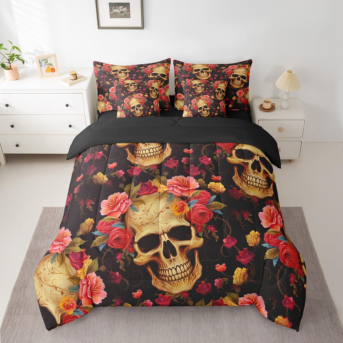 Erosebridal Sugar Skull 7 Piece Comforter Set Full Bed in a Bag,Rose Flowers Bedding Sets Bohemian Floral Sheet Set with Comforter