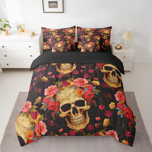 Erosebridal Sugar Skull 7 Piece Comforter Set Full Bed in a Bag,Rose Flowers Bedding Sets Bohemian Floral Sheet Set with Comforter