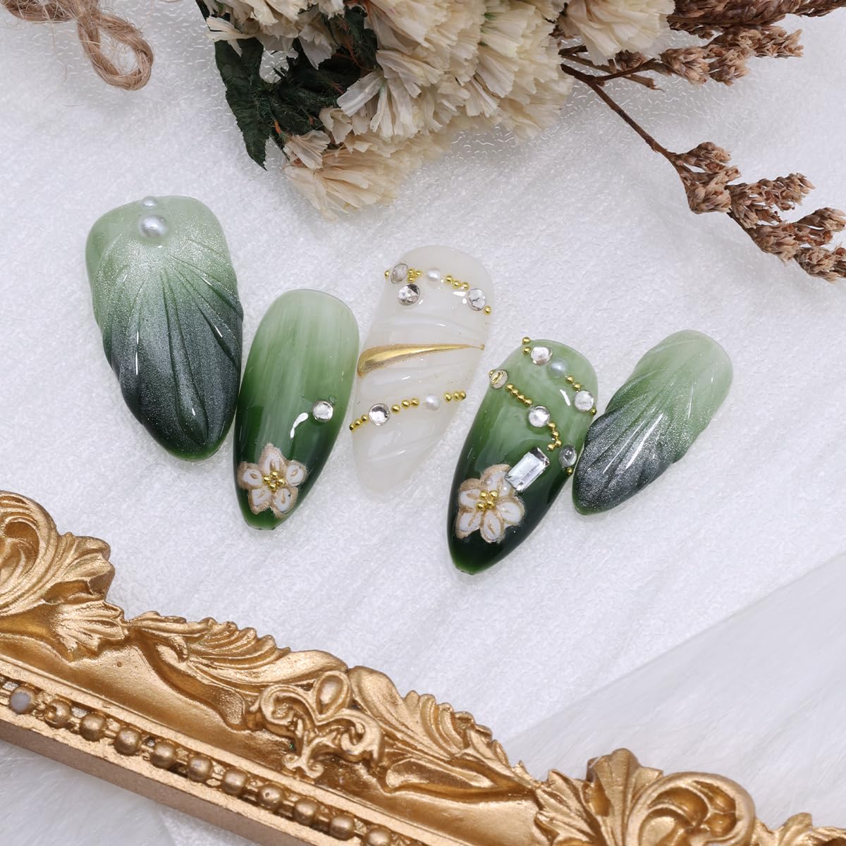 10Pcs Handmade Press on Nails Medium Almond Fake Nails Gold Flower with Rhinestones Full Cover Glue on Nails Spring False Nails Gradient Dark Green Press ons Stick on Nails for Women Acrylic Manicure