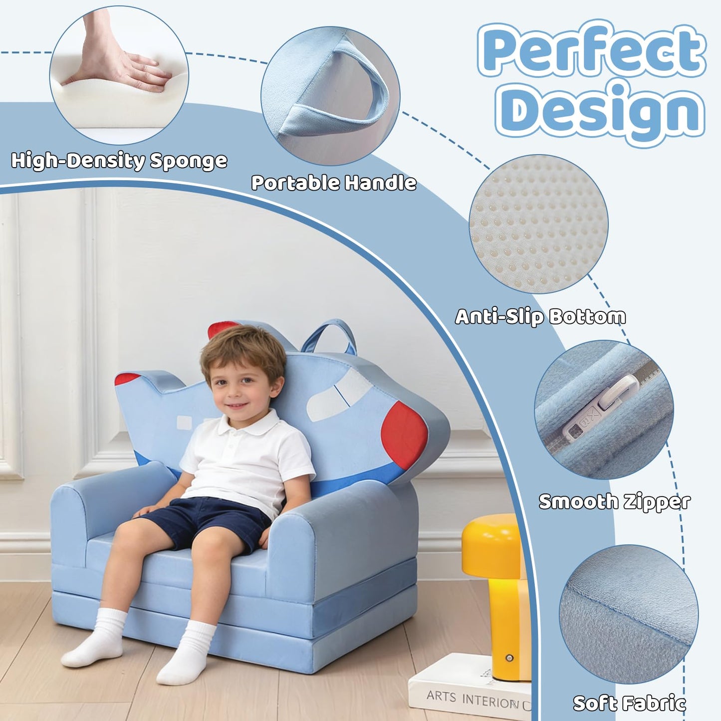 KKS KAKINNSYUU Toddler Couch 2 in 1 Flip-Out Kids Couch, Fold Out Foam Kids Sofa with Soft Washable Cover, Airplane Design for Playroom