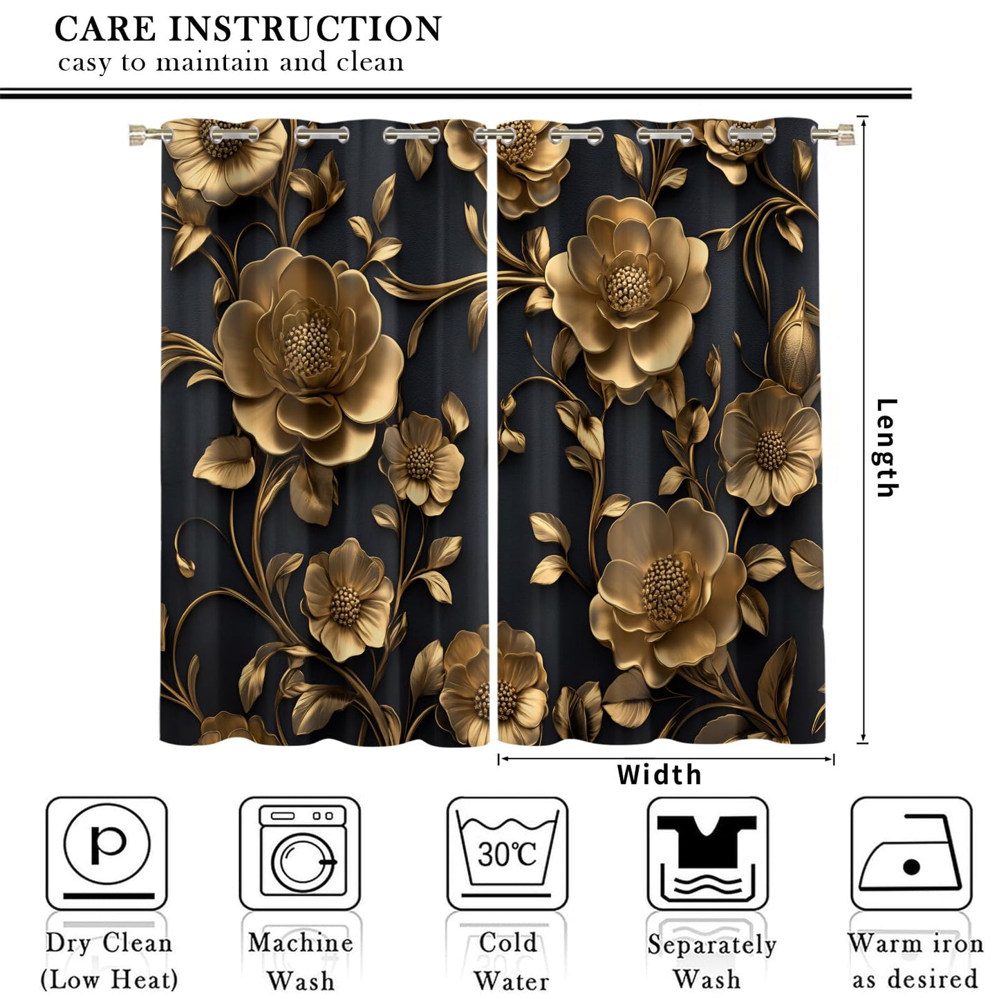 YXQAIED Gold Floral Blackout Curtains, Black Gold Flower Cutrtains for Living Room, 3D Embossed Floral Window Treatments, Kitchen Bedroom Curtain 84 Inch Long, 2 Panels