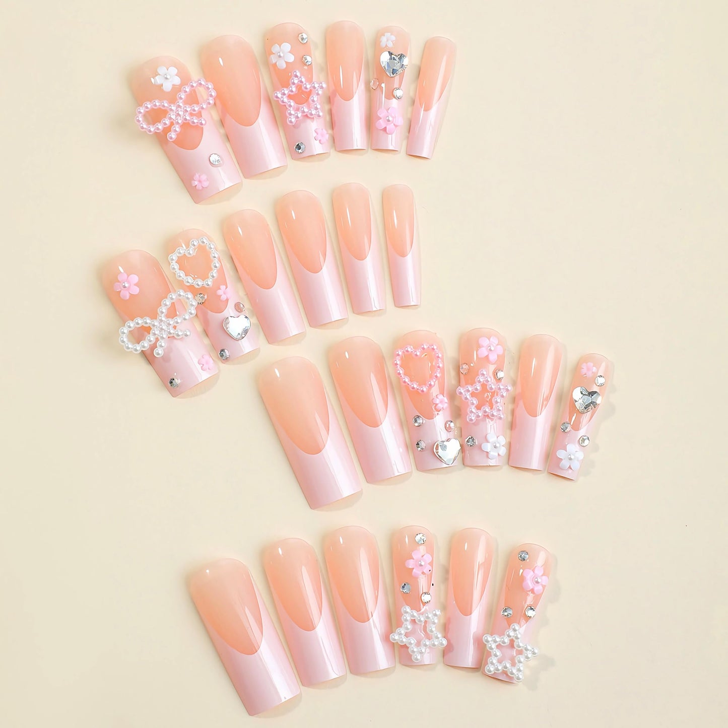 BABALAL Long Square Press on Nails - Pink French Tip Fake Nails, 3D Pearl Bow Heart Charm Acrylic Nails for Valentines Day, 24Pcs