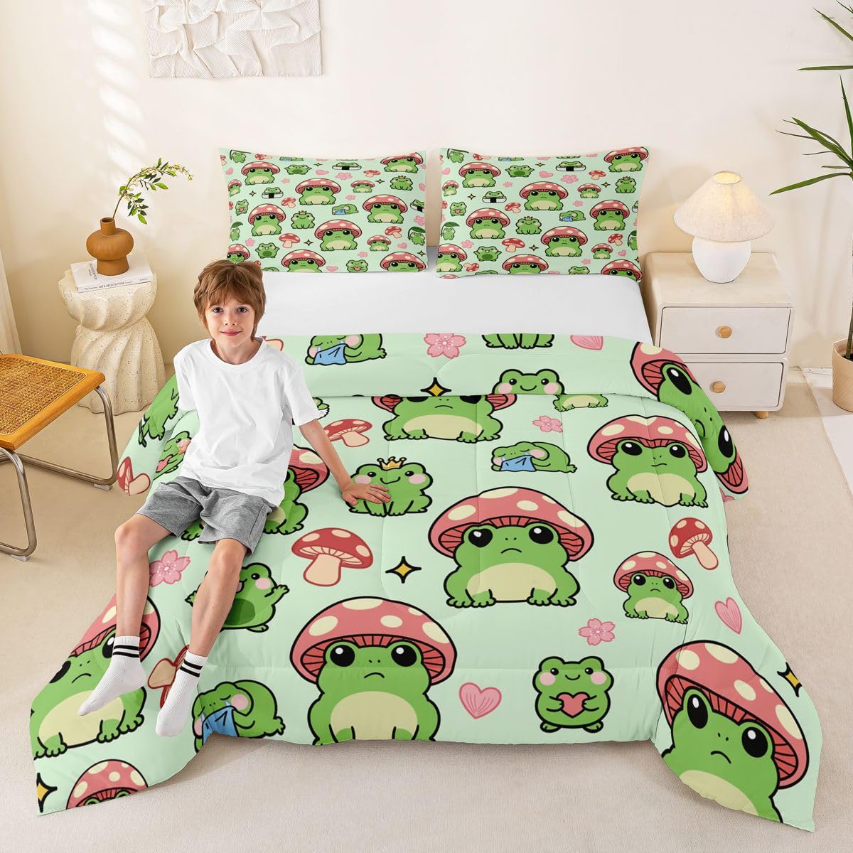 Mushroom Frog Comforter Set Queen Size Cute Mushroom Bedding Set 3pcs for Kids Girls Boys Bedroom Decor Cartoon Animals Plants Quilt Set Pink Green Duvet Insert,2 Pillowcases