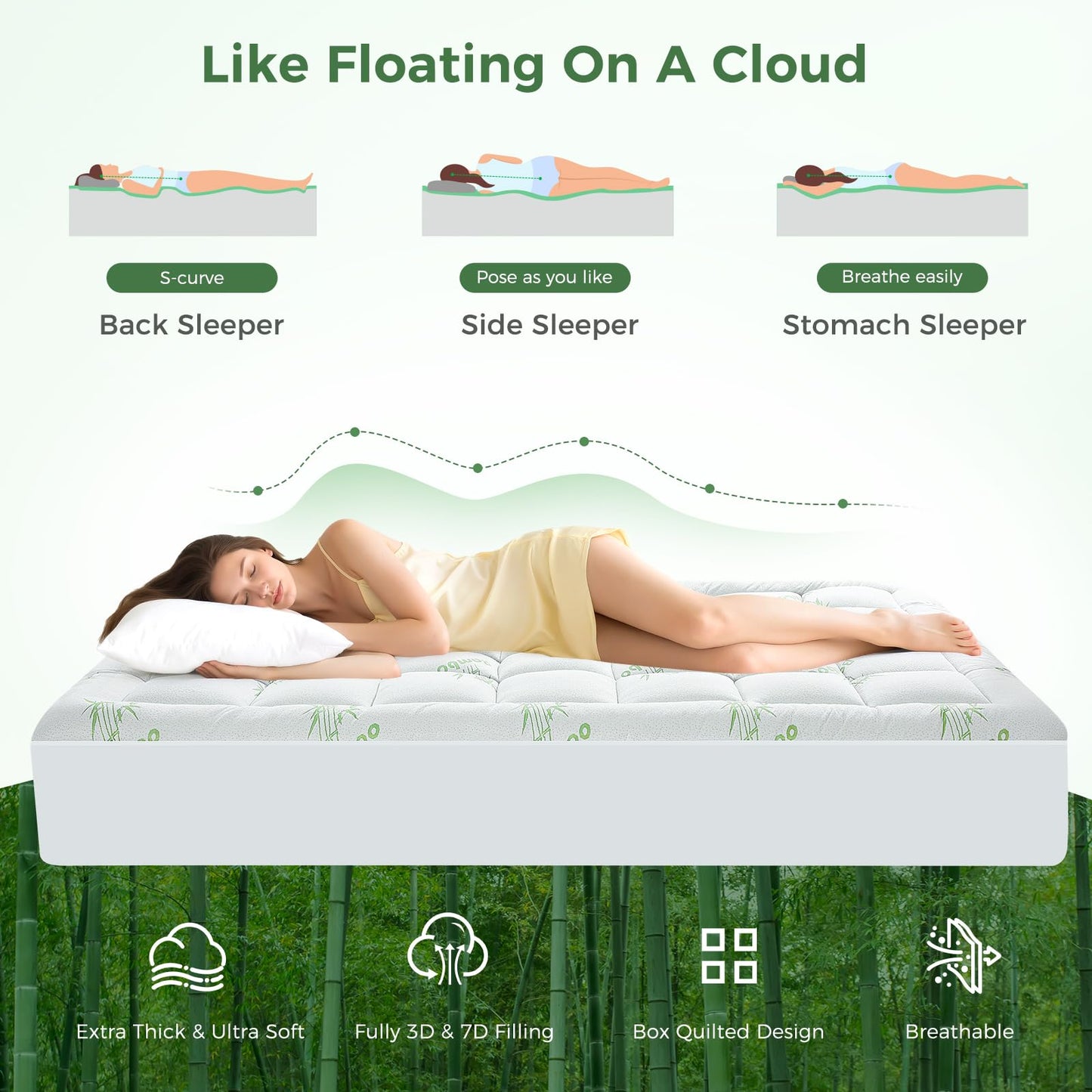 HYLEORY Mattress Topper - Thick Bamboo-Viscose Naturally Cooling Pillow Top Mattress Pad Breathable Fluffy Soft Mattress pad for Back Pain Relief, King Size, Green