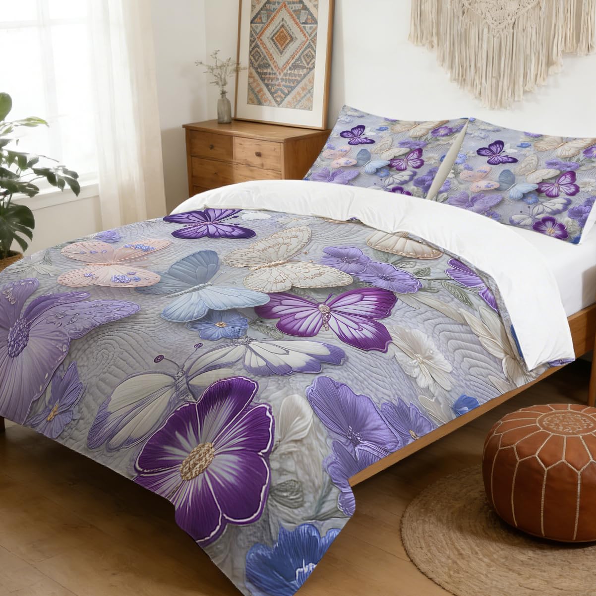 MILANKET Butterfly Floral Duvet Cover Set, Purple and Blue Garden Bedding with Delicate Insect and Flower Print, Soft Microfiber Reversible Comforter Cover for Elegant Bedroom Decor, 3 Pieces, Twin