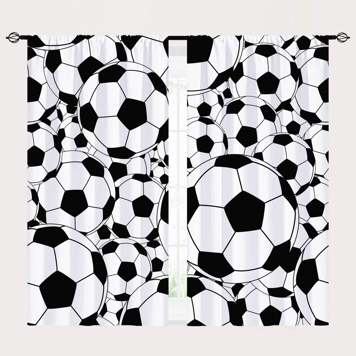 YUANZU Sport Curtains Rod Pocket Boys Kids Soccer Classical White and Black Football Balls Cartoon Print Pattern Window Drapes for Man Teen Nursery Baby Bedroom Playroom W42 x L63 Inch 2 Panels