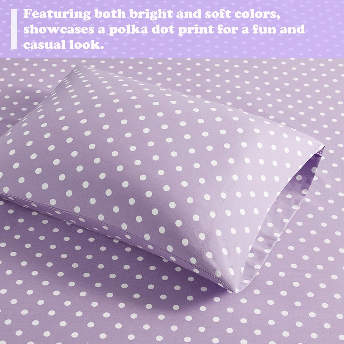 Intelligent Design Purple Twin Size Sheet Sets Kids Polka Dot Sheets for Girls 100% Cotton Percale Soft Flat and Fitted Sheet, Pillowcase, Breathable All Season Bed Set, Fits up to 14" Mattress