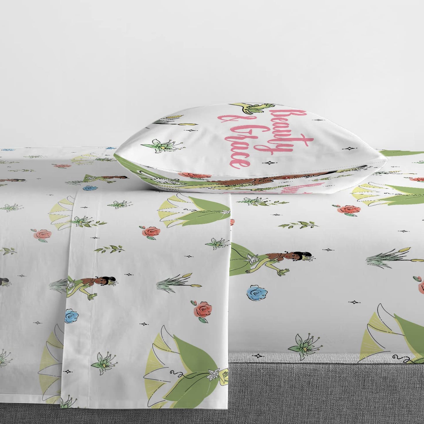 Jay Franco The Princess and The Frog Beauty & Grace 5 Piece Twin Size Bed Set - Includes Comforter & Sheet Set Featuring Tiana - Super Soft Bedding Fade Resistant Microfiber (Official Product)