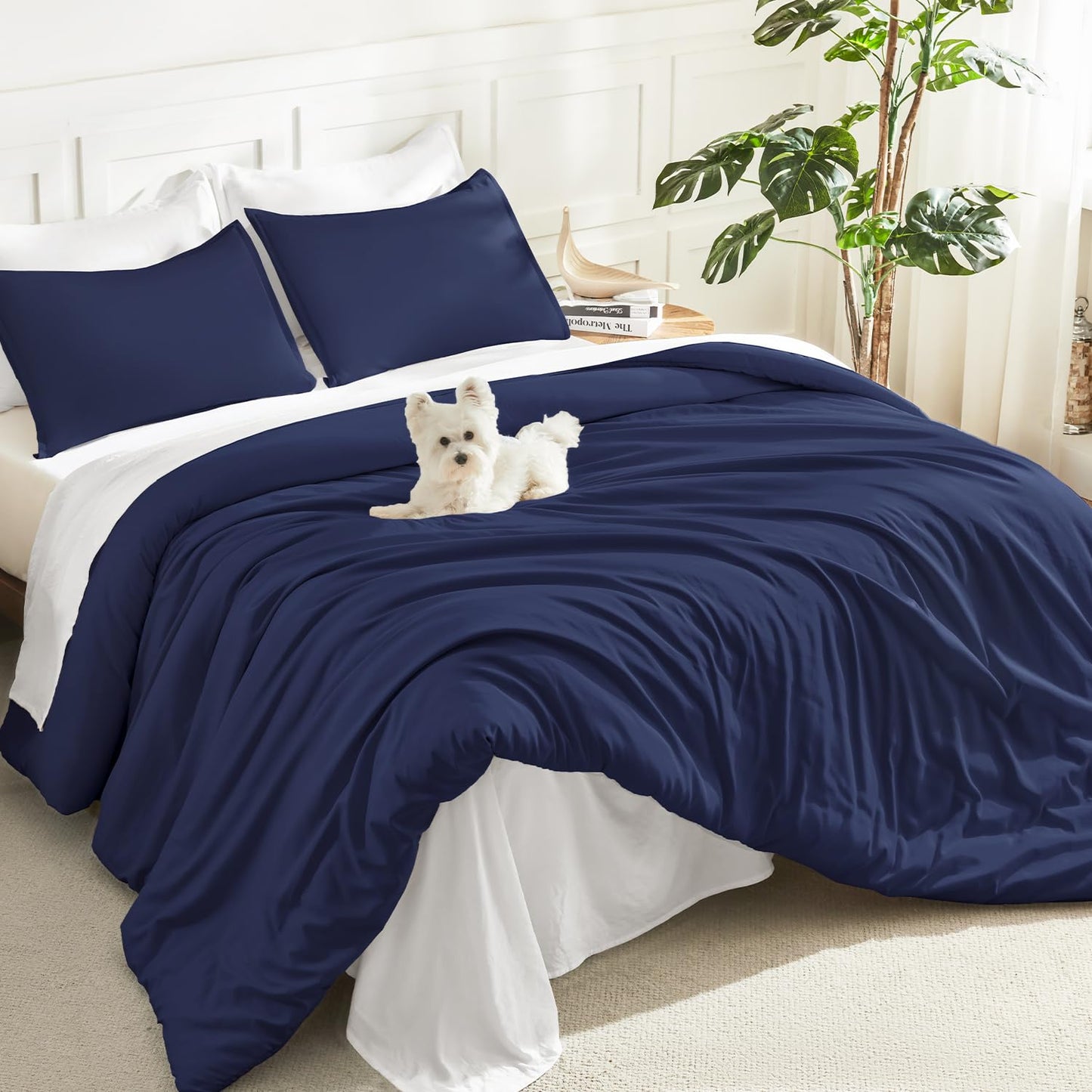 Litanika Navy Blue Comforter Set King Size, 3 Pieces Lightweight Solid Bedding Comforter Set, All Season Fluffy Bed Set (104x90In Comforter & 2 Pillowcases)