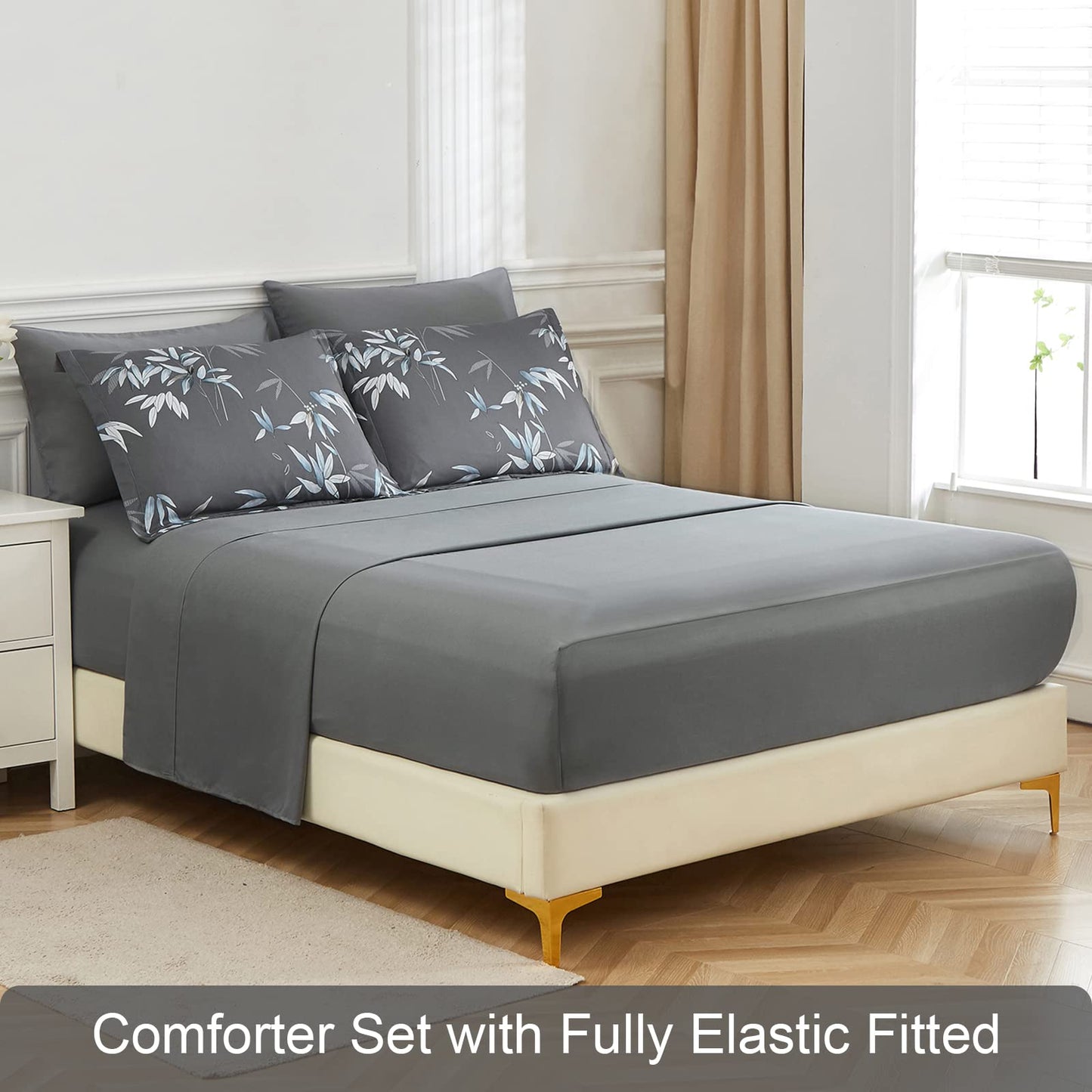 LXWORX Grey Queen Comforter Set - 7 Pieces Bed in a Bag Bedding Set, Soft Lightweight Microfiber Grey Comforter with Sheets and Pillow Shams, All Season