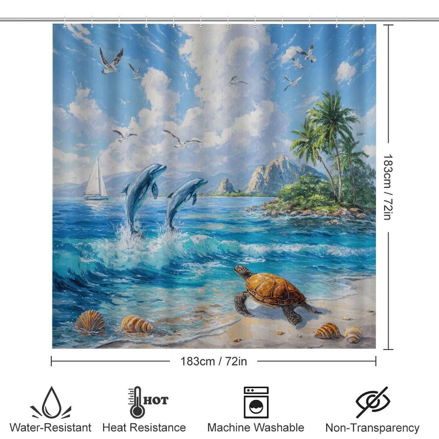 INSFBRB Rustic Colorful Dolphin Shower Curtain Sets with Rug,Toilet Lid Cover and Bath Mat,Beautiful Oil Painting Palm Nautical Seagull Ship Ocean Sea Turtle 4 Piece Bathroom Set