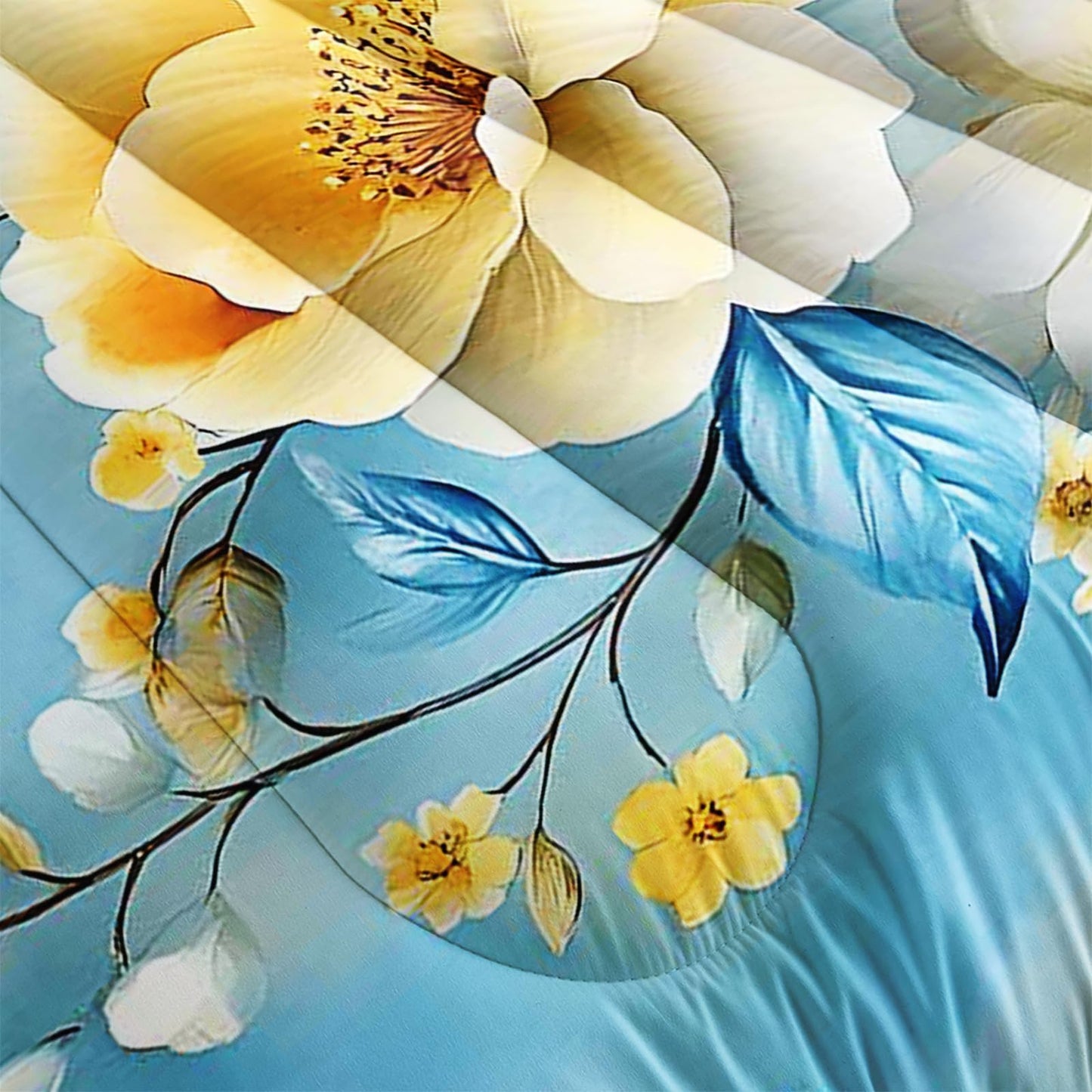 AILONEN Twin Comforter Set 3 Piece, Golden Blossom Bedding with 2 Pillowcases, Blue Floral Cover for Kids Dorm Room