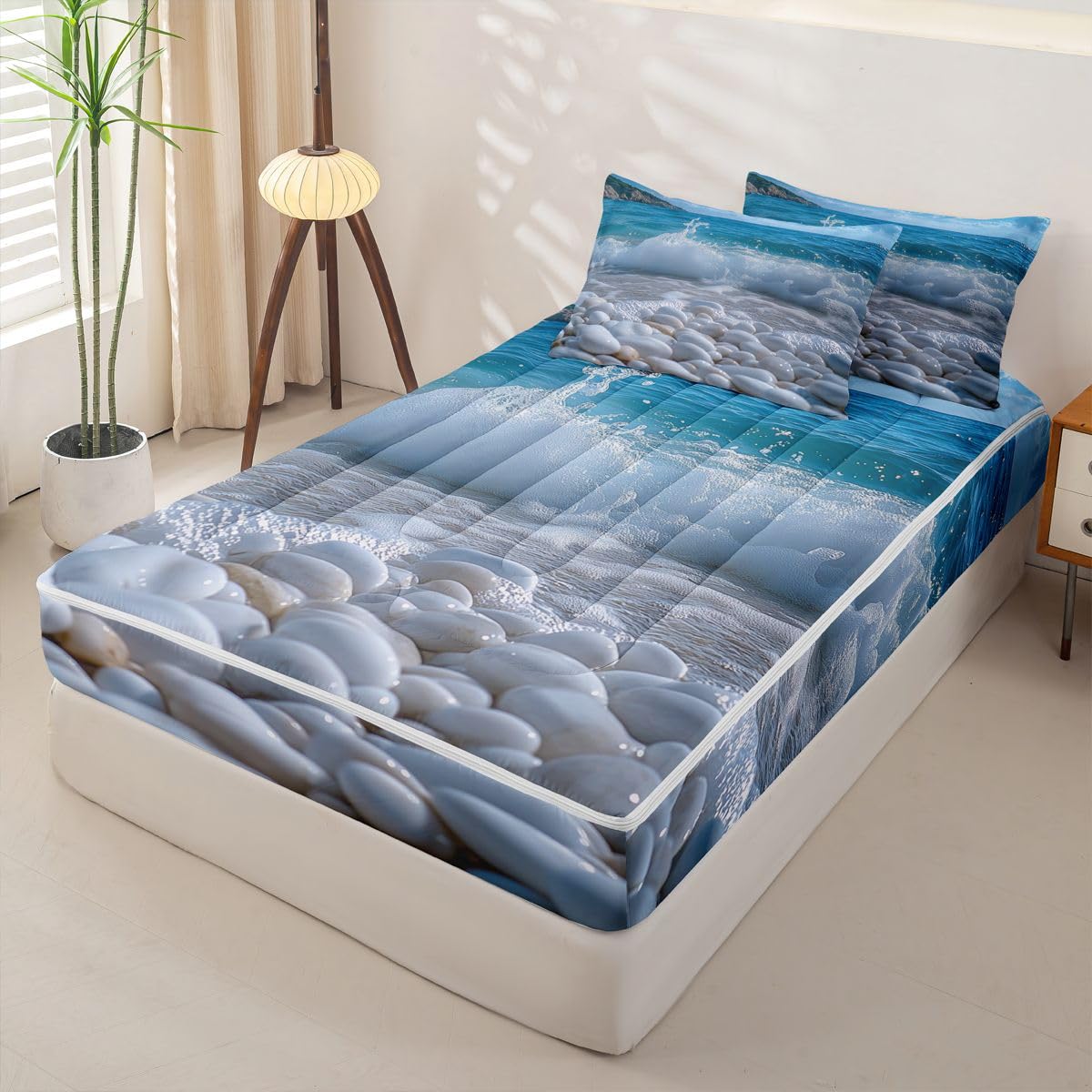 Erosebridal Pebble Zipper Comforter Set Twin Beach Cobble Print Bedding Set 3D Stone Gravel Bed in a Bag Hawaii Beach Zippered Quilt Fitted Sheet,2 Pillowcases