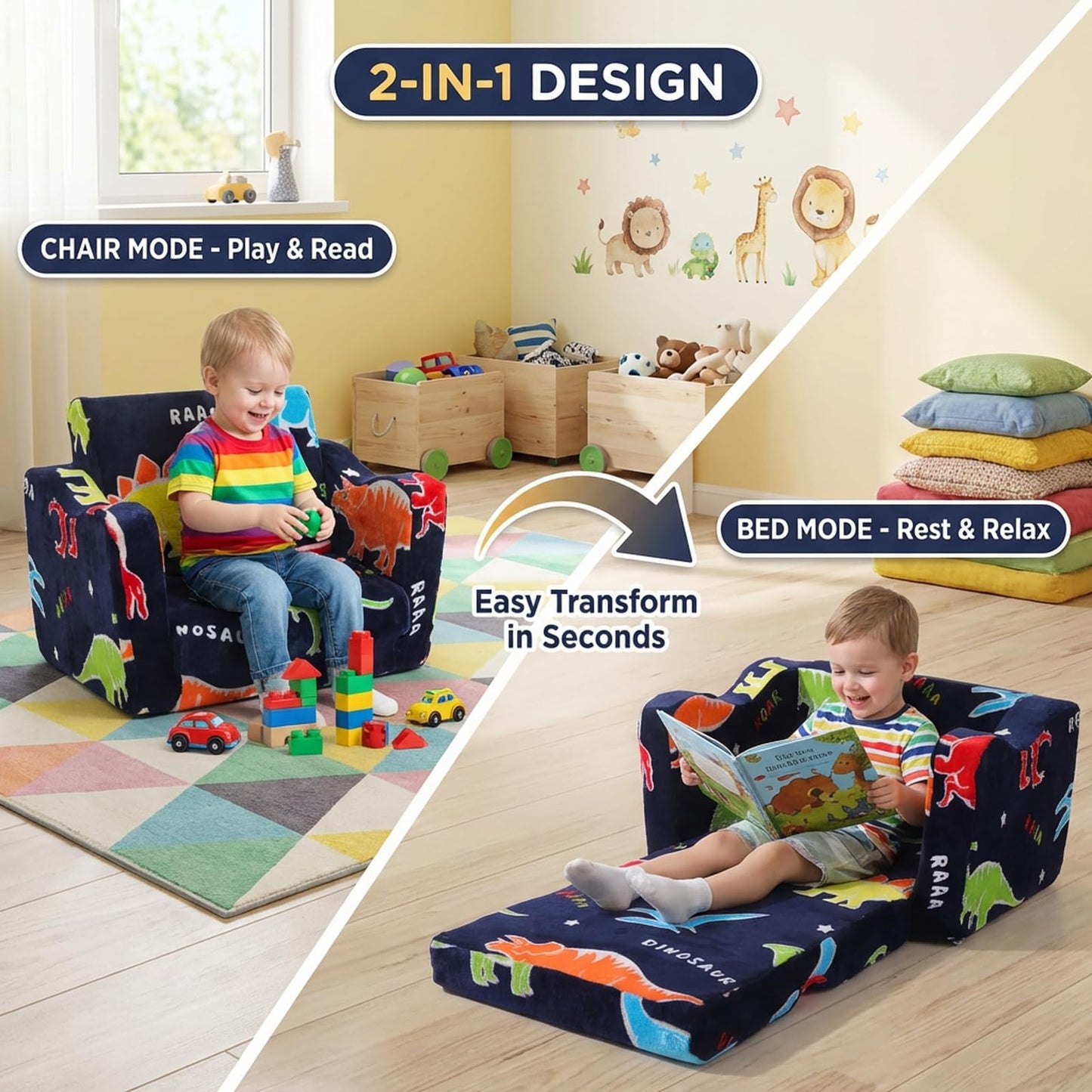 ONEKUKA Toddler Couch, Glow in the Dark Dinosaur Kids Couch, 2-in-1 Foldable Flip Open Kids Sofa Chair for Reading, Playtime and Playroom, Gift for Boys and Girls