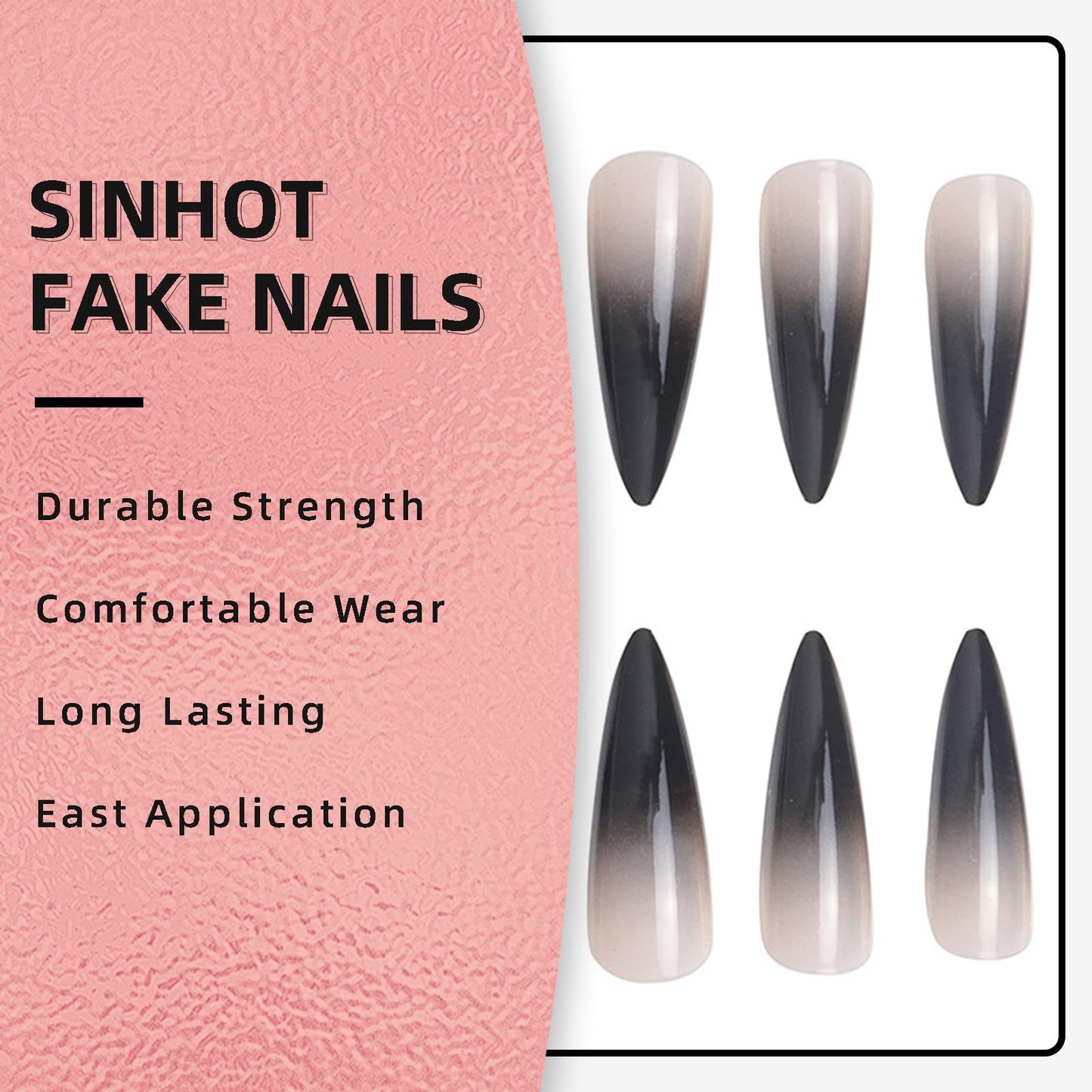 SINHOT Stiletto Press on Nails Extra Long Fake Nails with Glue Glossy False Nails with Black Gradient Designs Full Cover Almond Acrylic Nail 24pcs