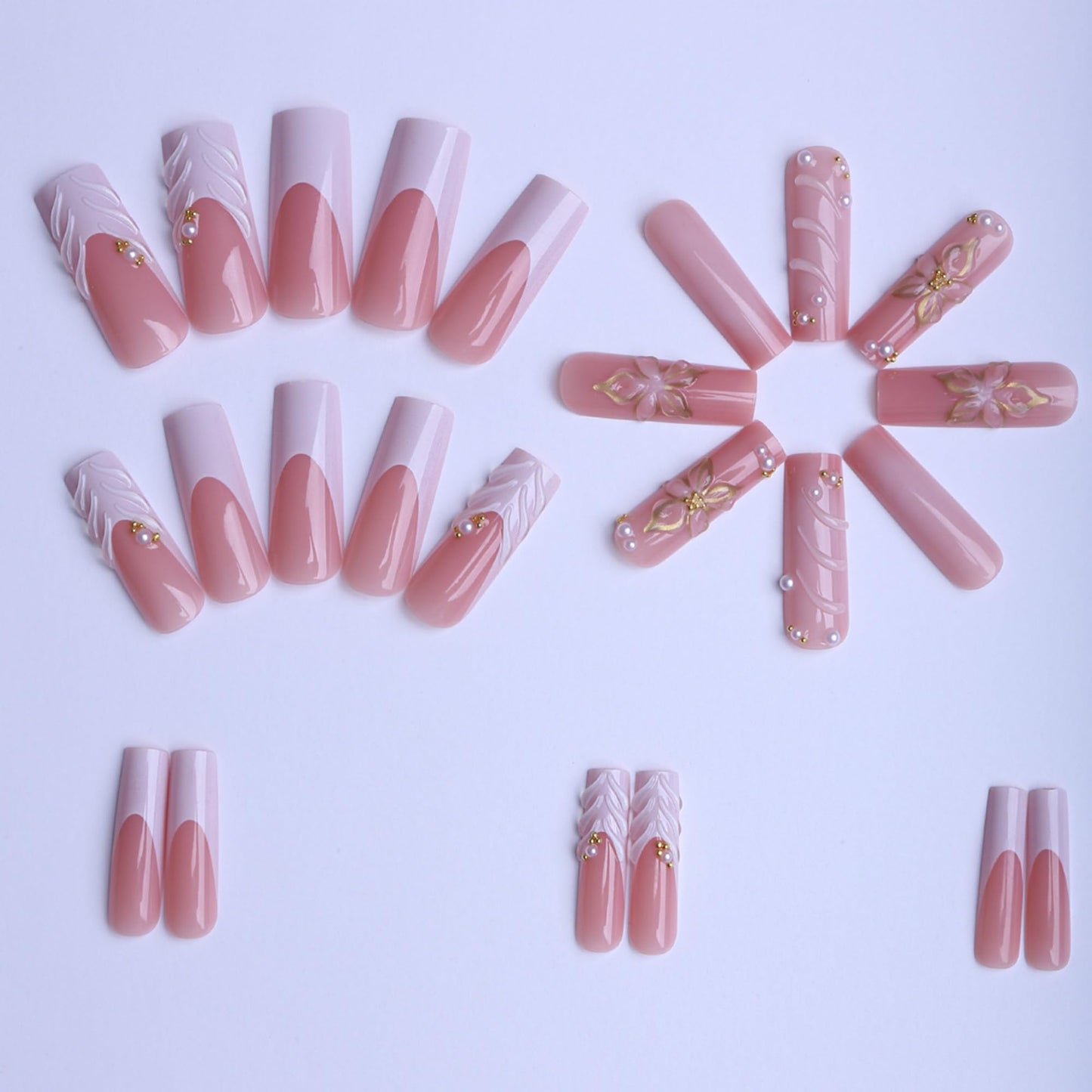 SEENEEY Long Square Press on Nails Pink Fake Nails French Artificial Nail Floral Stick on Nail for Women 24pcs