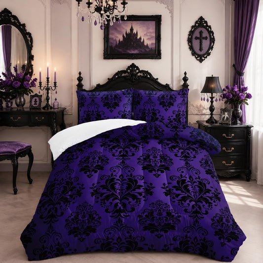 Nttopship Violet Gothic Floral Print Comforter Set King Size,Vintage Damask Floral Bedding Set,Bohemian Exotic Printed Quilted Set for Teens Adult,with 1 Comforter and 2 Pillow Case