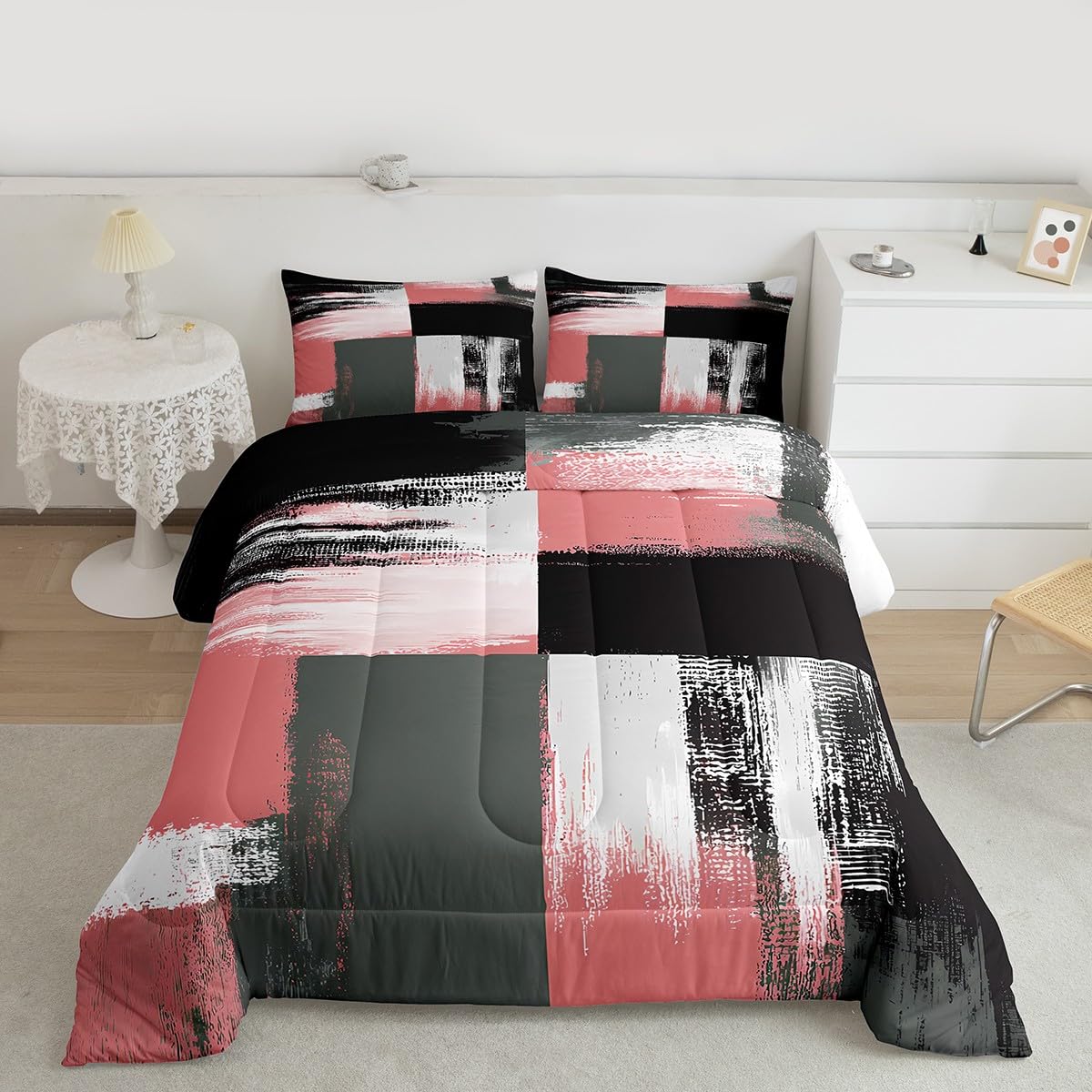 Feelyou Buffalo Check Comforter Set Geometric Comforter for Kids Boys Girls Teens Geometric Pink Grey Black White Bedding Set Breathable Modern Art Duvet Set Room Decor Quilt Set Queen Size