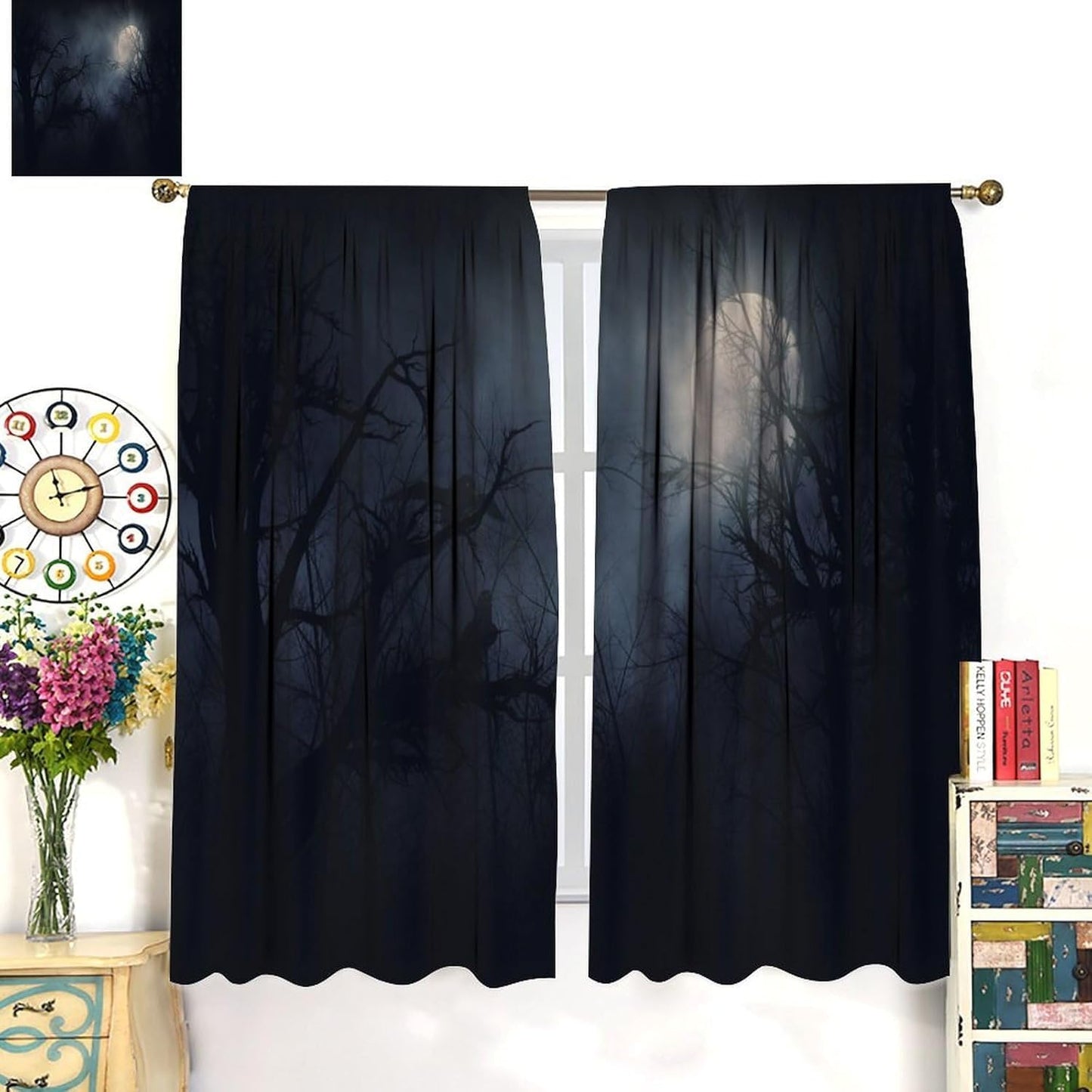 HZOHNAGO Gothic Curtains Rustic Gloomy Misty Crow Branch Moon Blackout Print Rod Pocket Window Drapes for Bedroom Living Room 42x45in