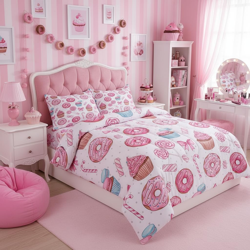 Manfei Pink Doughnut Bows Comforter Set 2Pcs Cartoon Lollipop Candy Twin Size Bedding Set Dreamy Girly Dessert Duvet Insert for Kids Girls Adult Room Decor(1 Comforter,1 Pillowcase) Chocolate Donut