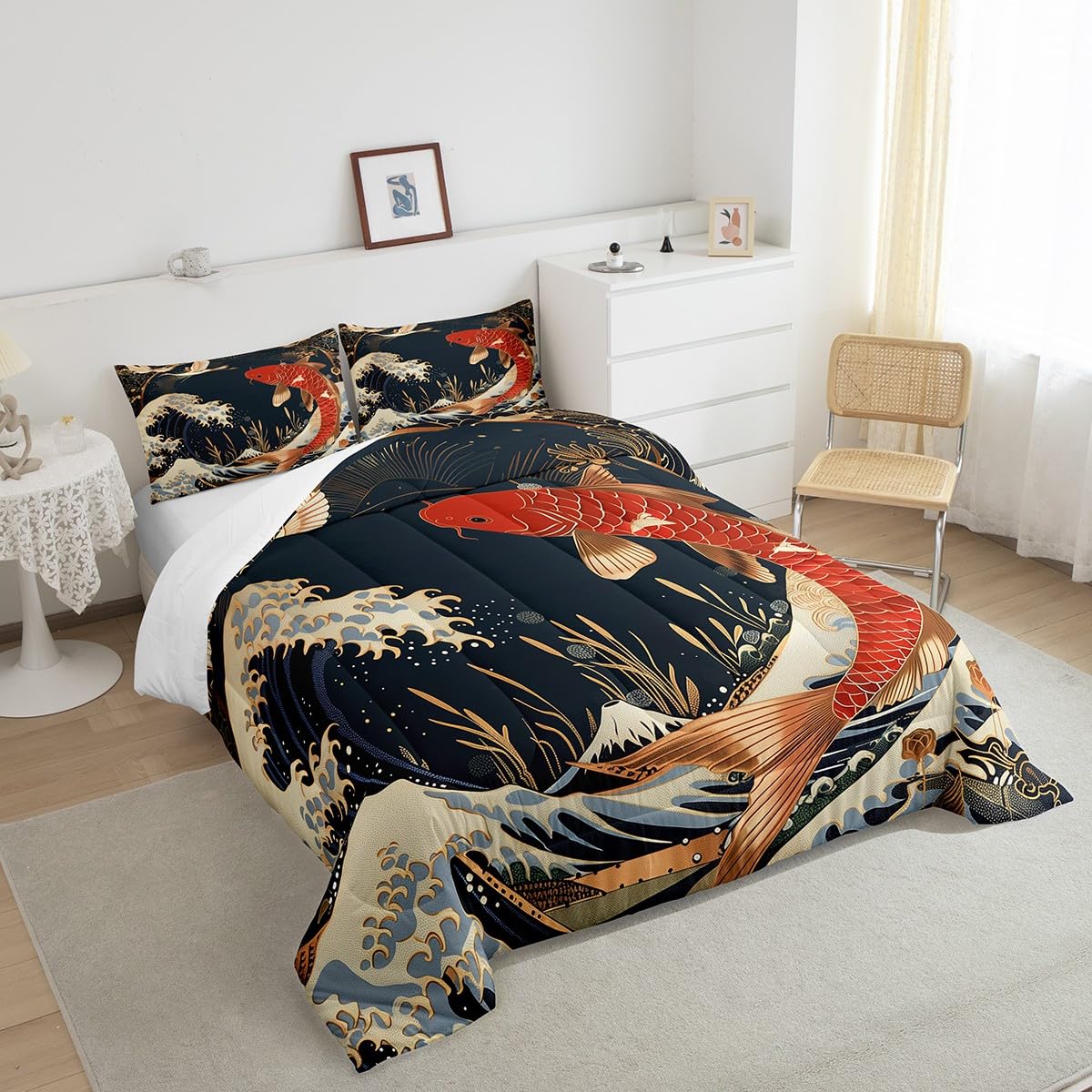 Erosebridal Red Koi Fish Bedding Full Size Oriental Crane Comforter Set Full, Japanese Ukiyo-E Duvet Insert Marine Sea Wave Quilt Comforter, Wild Animal Wildlife Bedding Comforters & Sets