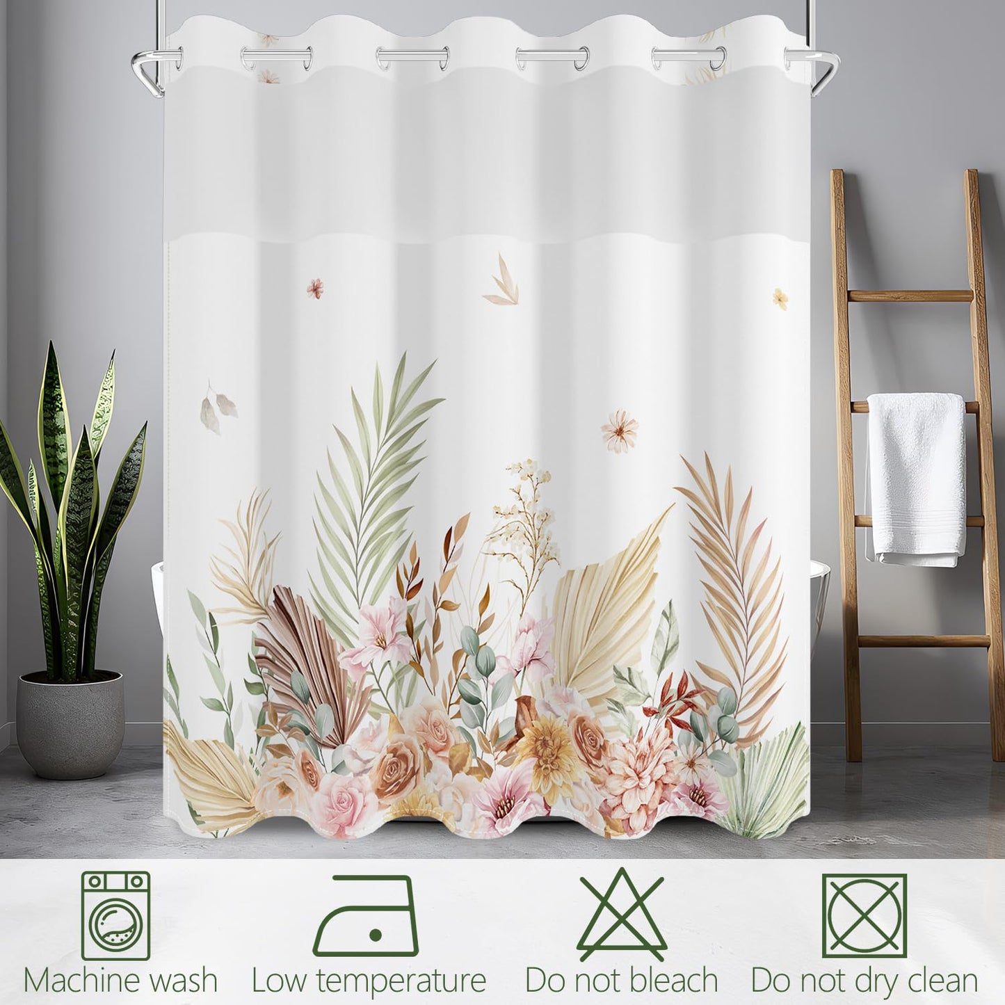 No Hook Shower Curtain with Snap in Fabric Liner Set, Waterproof & Washable,Tan Boho Watercolor Leaf Plant Floral Shower Curtains for Bathroom, Hotel Farmhouse Bathroom Curtain, House Gift, 71x74 Inch