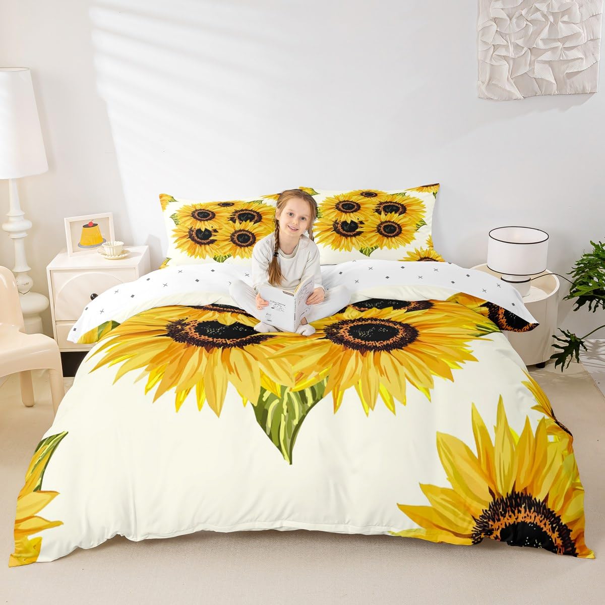 Homewish Sunflowers Bedding Set 3pcs Yellow Flowers Comforter Cover Yellow Sunflowers Printed Design Duvet Cover Set Botanical Bedspread Cover with 2 Pillow Cases(No Comforter) Queen Size