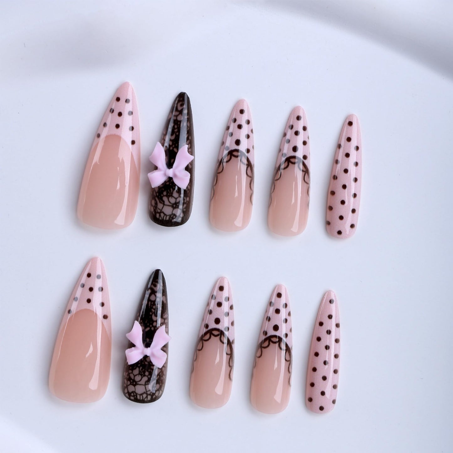 octoswave Long Stiletto Press on Nails Pink Black Polka Dot Lace Design 3D Bow Charms French Tip False Nails for Party Prom Women Girls 24Pcs