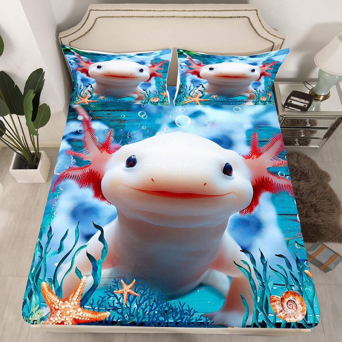Cute Axolotl Fitted Sheet Set Full Size 4 Pcs,Seaweed Coral Conch Bedding Set(1 Fitted,1 Flat,2 Pillows),Sea Creatures Theme Luxury Deep Pocket Bed Sheets for Girls Teens Room