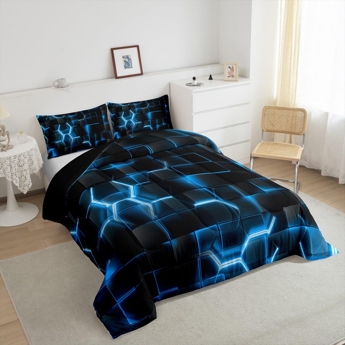 Feelyou Blue and Black Bedding Set Full Size Honeycomb Comforter Set for Kids Boys Girls Decor Hexagon Theme Comforter Geometrical Beehive Duvet Set