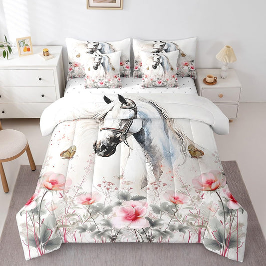 3D Horse 7Pcs Comforter Set Full Size,Pink Floral Bedding Sets for Kids Girls Boys Teens Room Decor,Wild Animals Bed in a Bag Romantic Rustic Fitted Sheet Flat Sheet,2 Throw Pillow 2 Pillowcases