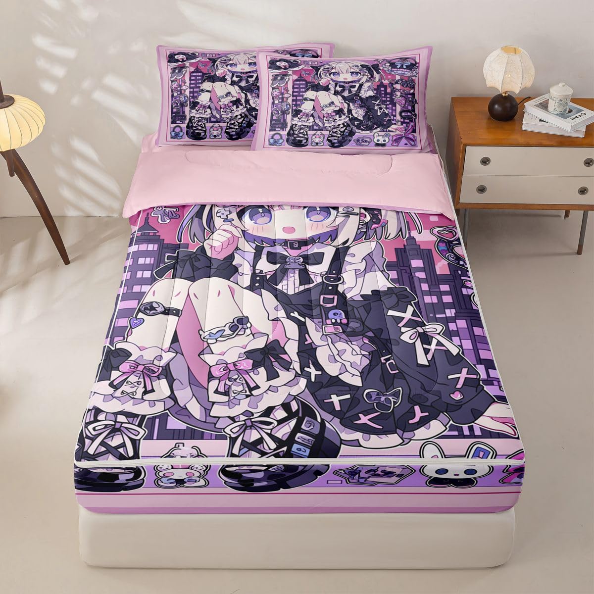 Erosebridal Japanese Uniform Girl Kids Comforter Set with Zipper, Anime Gift Twin Size Zipper Bedding Set, Kawaii Coquette Bed-in-A-Bag