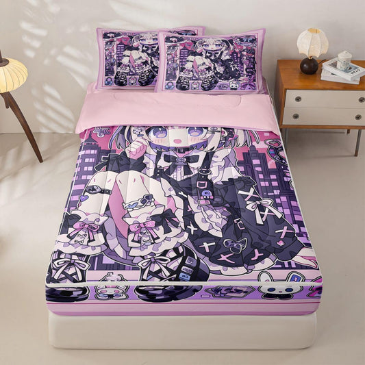 Erosebridal Japanese Uniform Girl Kids Comforter Set with Zipper, Anime Gift Twin Size Zipper Bedding Set, Kawaii Coquette Bed-in-A-Bag