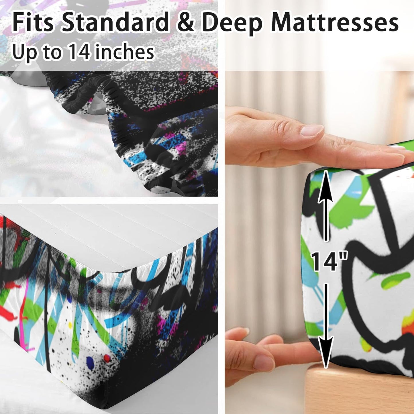 Pamnest Full Size Bed Sheet Sets, Urban Skateboard Soft Microfiber 4 Pcs Bedding Sets for Kids and Adults Bedroom Bed Decor, Music Abstract Graffiti Flat, Fitted Sheet and 2 Pillowcases