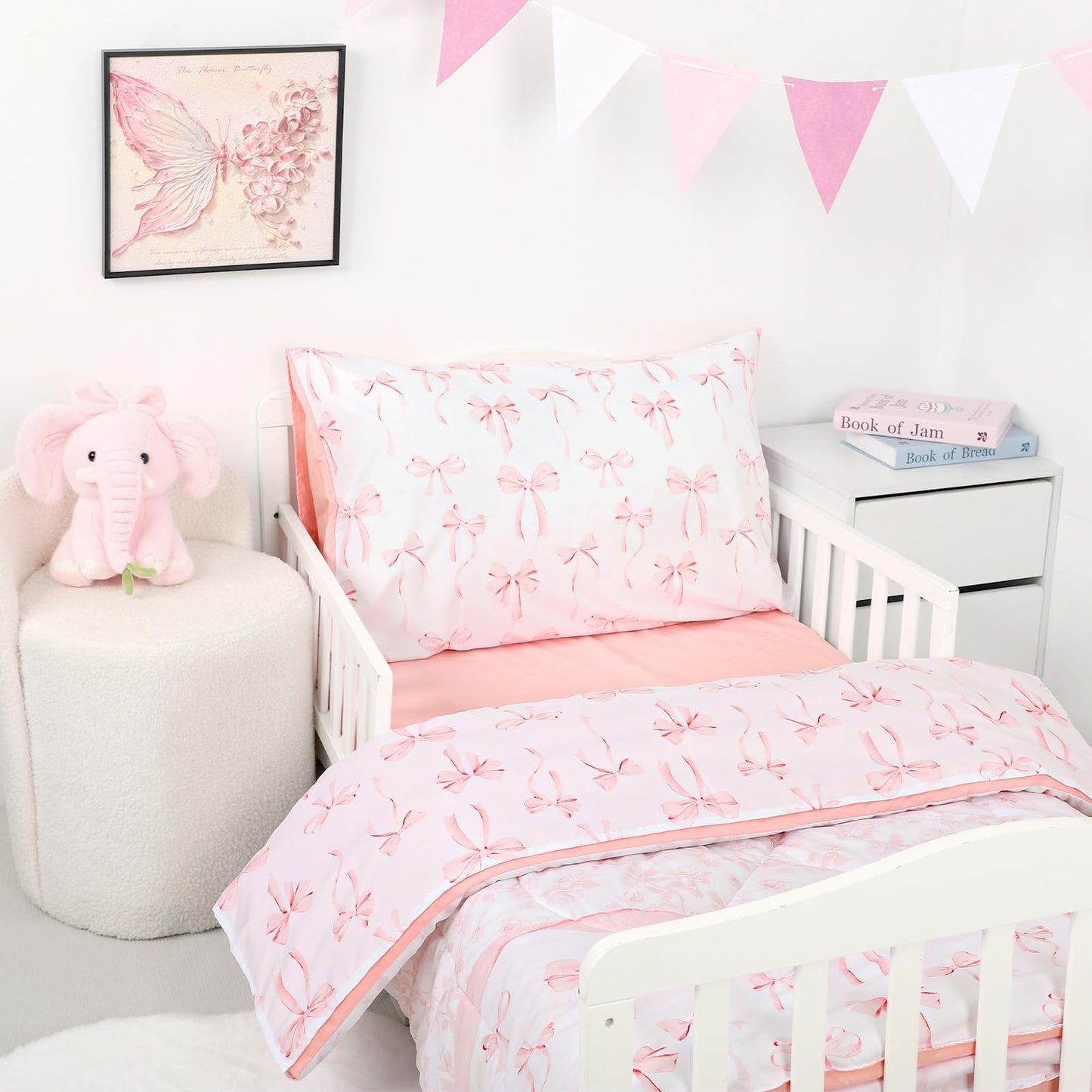 DAYEEBALL 4 Piece Toddler Bedding Set, Ultra Soft and Breathable Toddler Comforter Sets for GirlsIncludes Quilted Comforter, Fitted Sheet, Flat Sheet and Pillowcase, Pink Bow