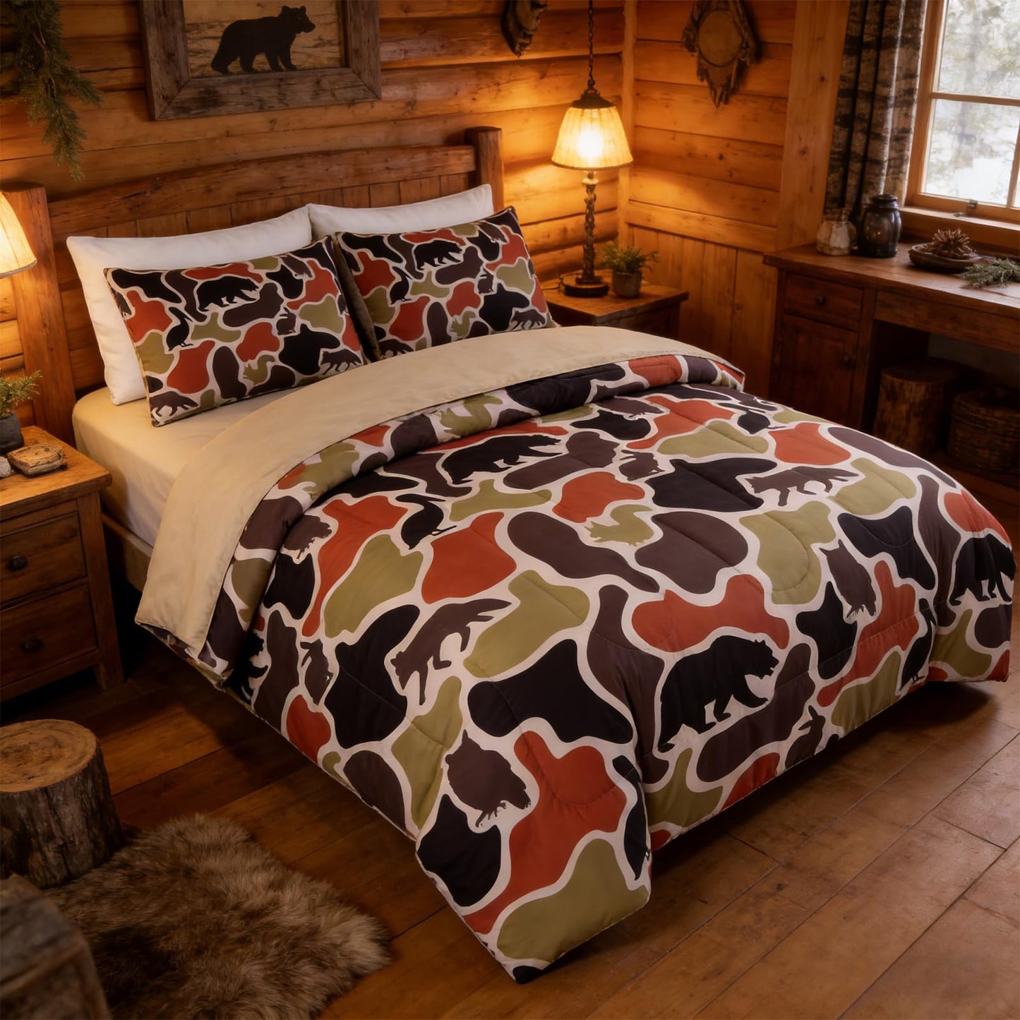 Holawakaka Men Boys Deer Camouflage Comforter Set with Sheets,Queen Size Hunting Elk Camo Bedding Sets for Kids Teens Bed-in-a-Bag 5 Pieces for Dorm Bedroom Cabin Lodge