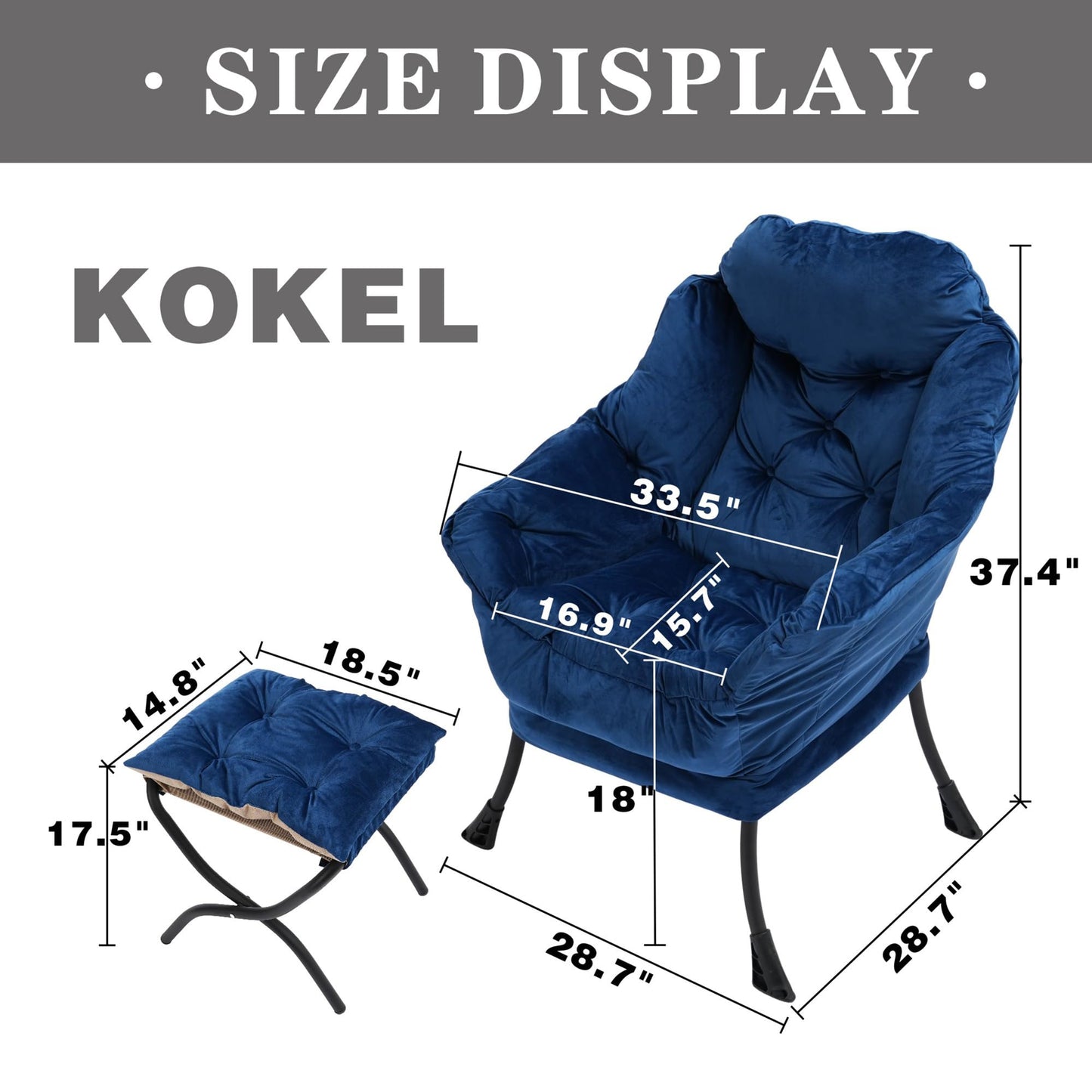 Kokel Lazy Chair with Folding Ottoman,Living Room Chairs, Accent Contemporary Lounge Chair, Single Steel Frame Leisure Sofa Chair with Armrests and A Side Pocket (Blue)