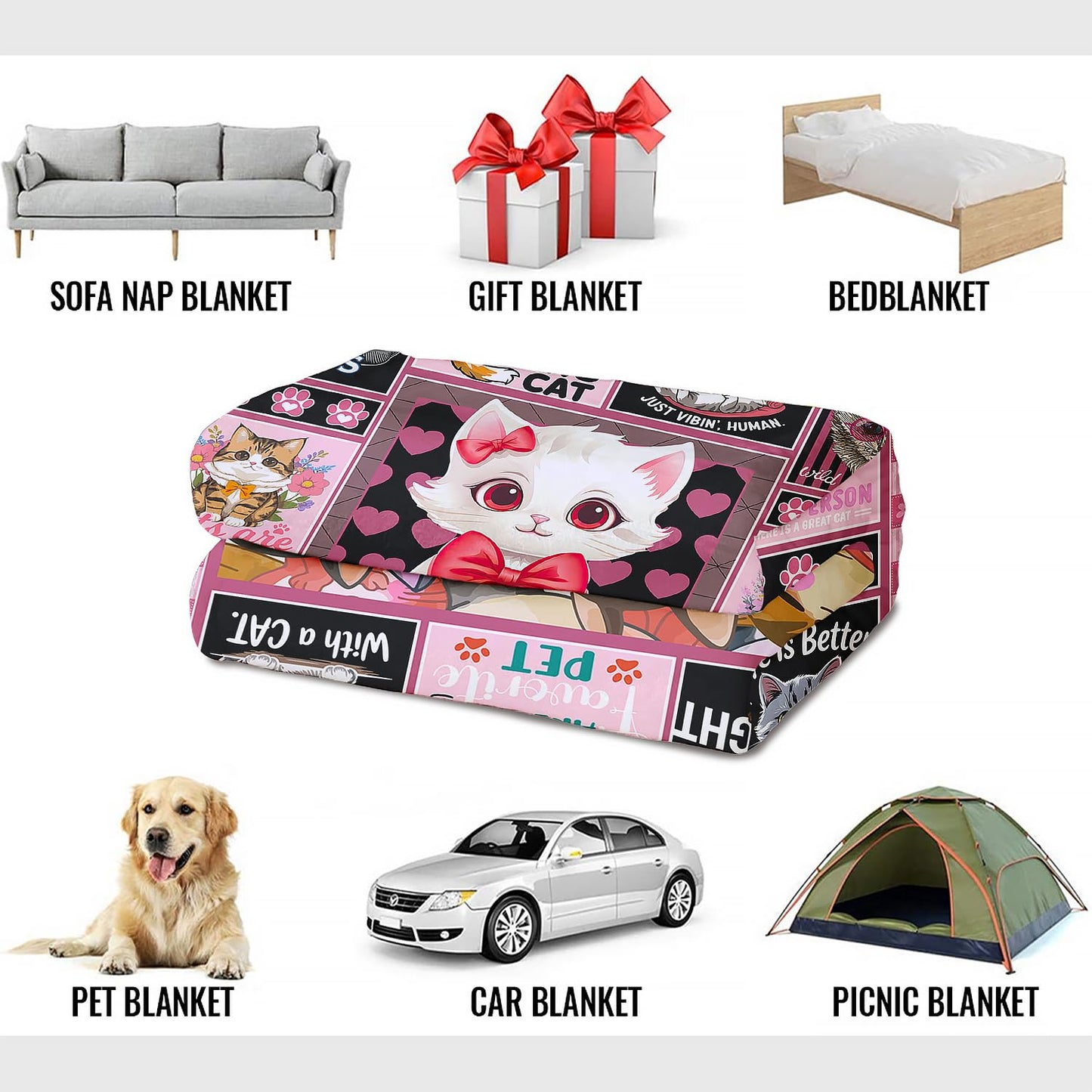 XSMEI Cat Throw Blanket, Cute Kitten Quotes Collage, Soft Cozy Fleece Blanket for Couch Bed, 60 x 80 Inches