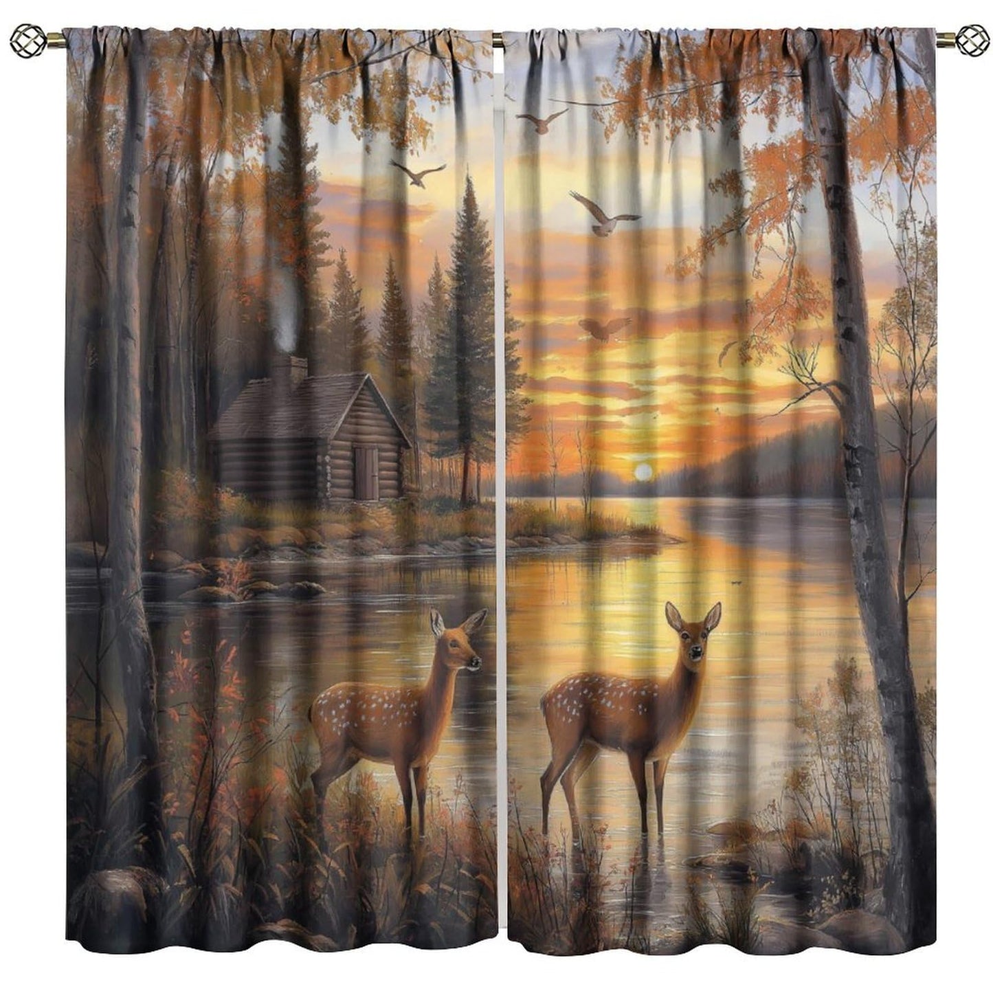 LOMADIA Wildlife Deer Blackout Curtains, Rustic Forest Sunset Lake Farmhouse Animal River Elk Pattern Drapes Home Window Treatments Curtain for Kitchen Bedroom Living Room Decor 42" W x 45" L