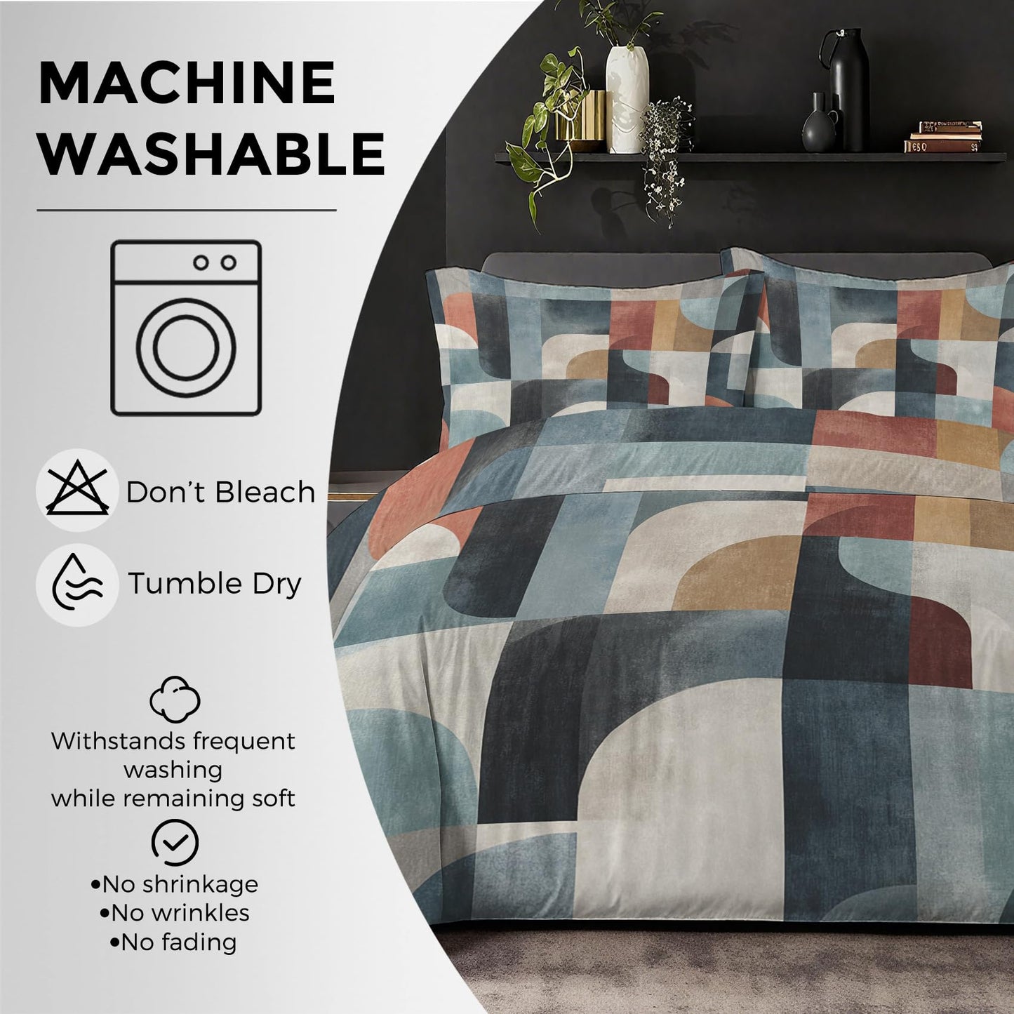 Mid Century Modern Duvet Cover Twin Size, MCM Geo Bedding Set 2 pcs with 1 Pillow Cover, Abstract Geometry Bedroom Decor, Soft Microfiber Reversible, Zipper & Ties KJJT 108